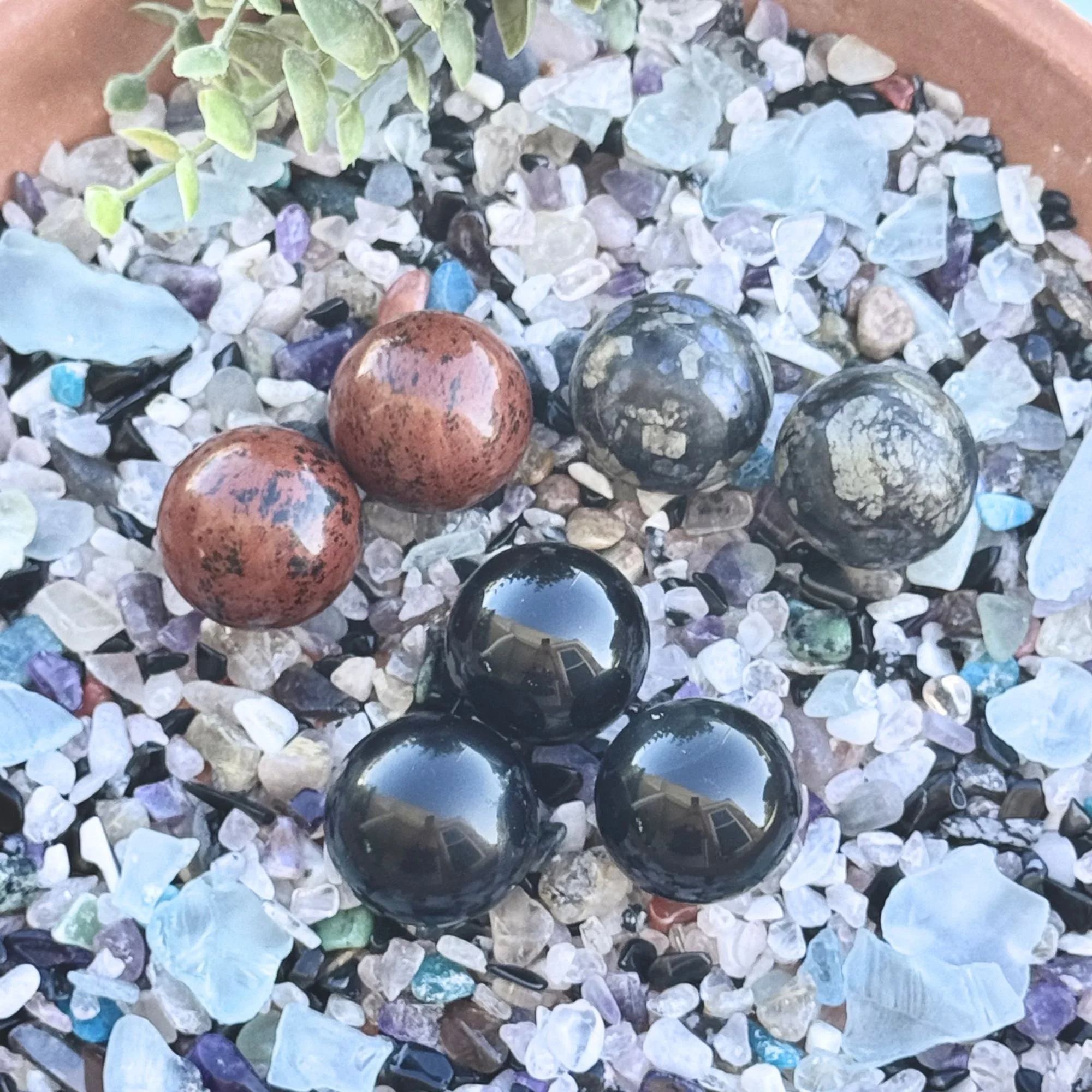 1 Inch Gemstone Crystal Spheres – Mahogany Obsidian, Que Sera Stone & Rainbow Sheen Obsidian
