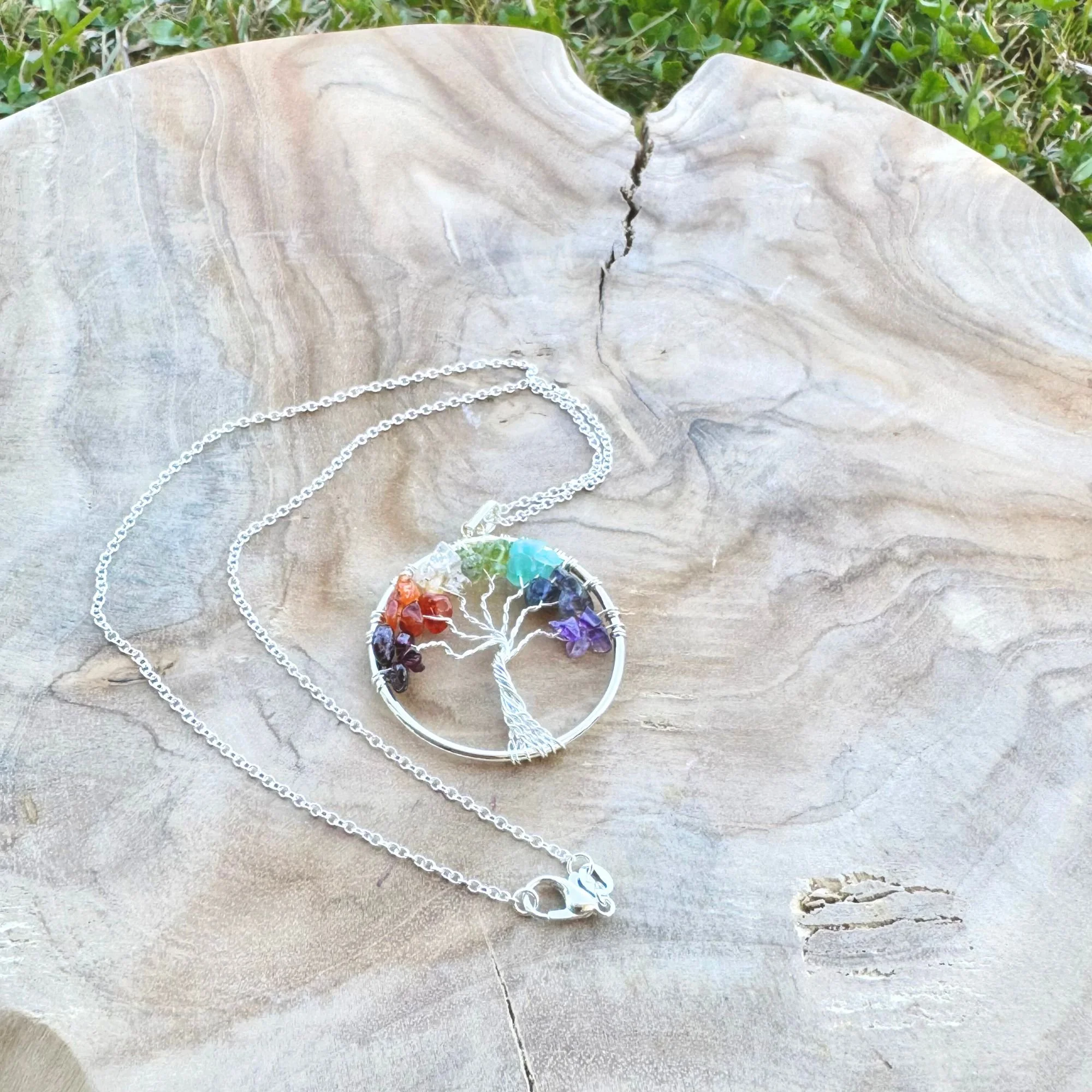 Chakra Crystal Chipstone Wire Wrapped Tree of Life Pendant – Optional 18" Stainless Steel Chain