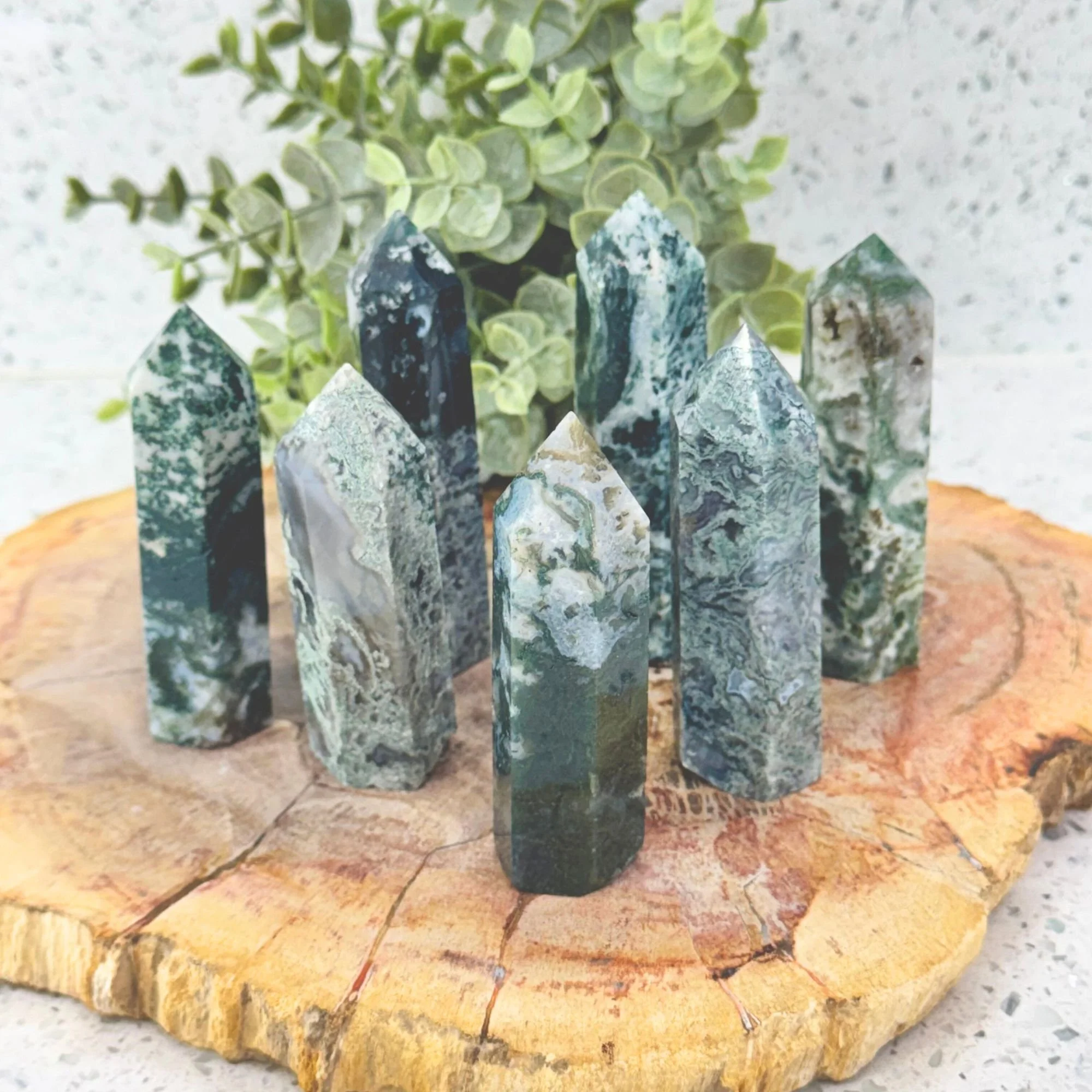 Moss Agate Generator Tower – Natural Crystal Point for Grounding, Growth & Balance (7 Options Available)