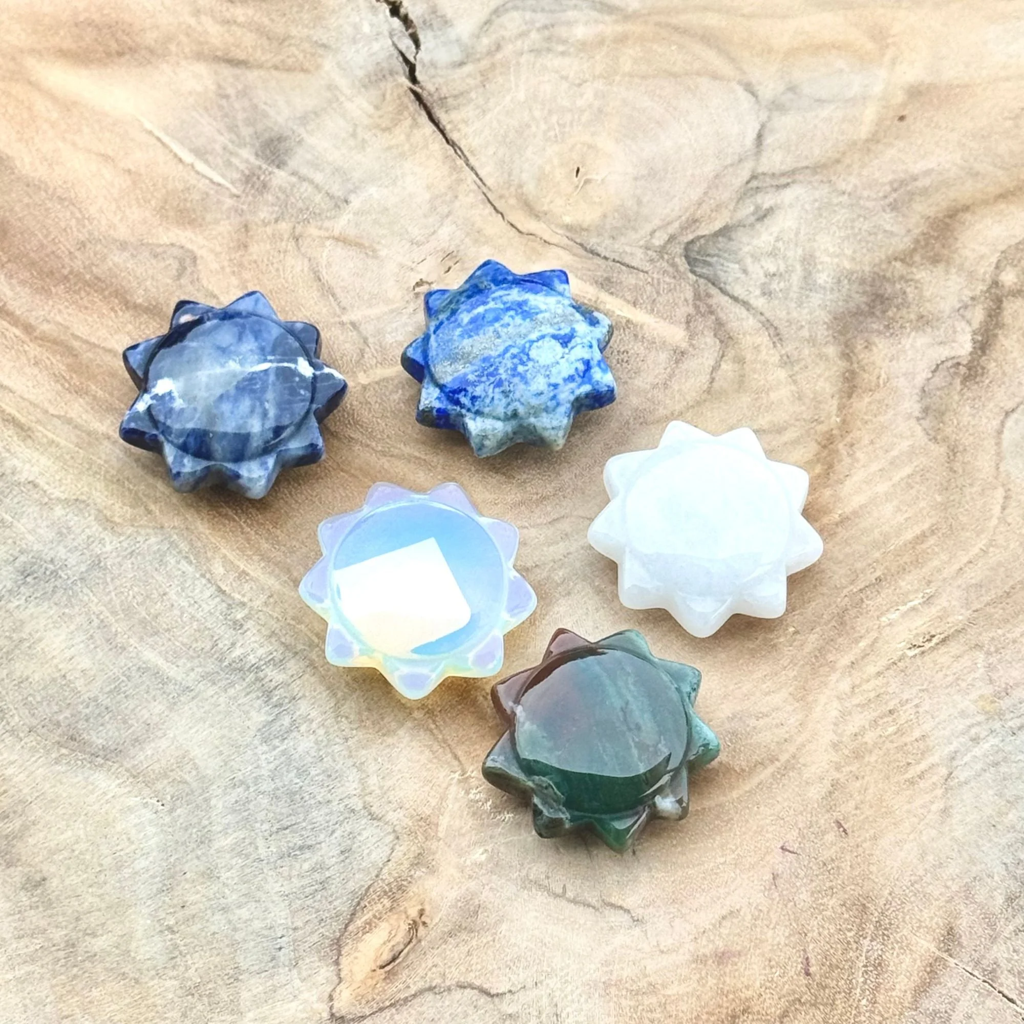 Gemstone Sun Carvings | Bloodstone, Lapis Lazuli, Opalite, Rose Quartz & Sodalite (One-of-a-Kind)