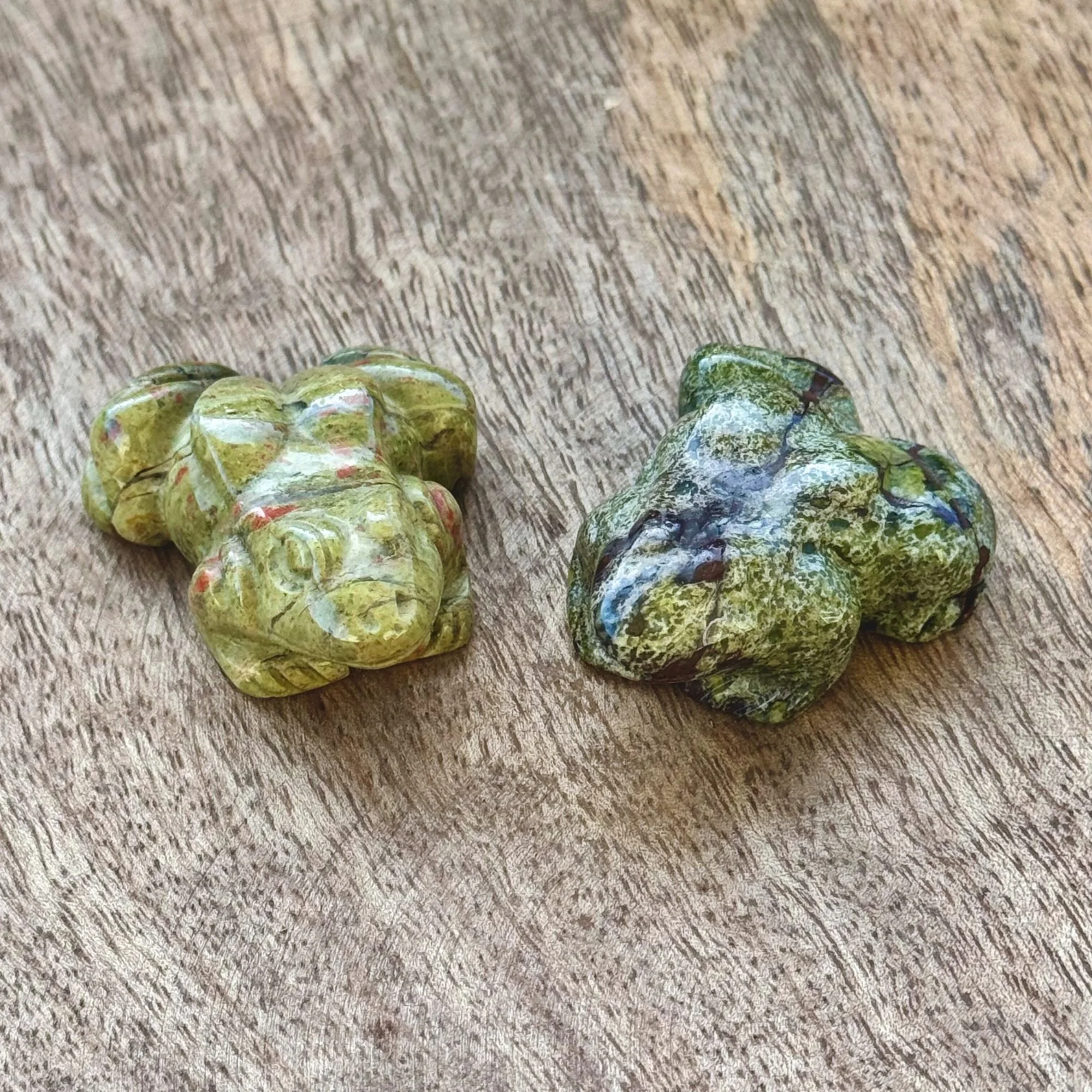 Dragon Bloodstone and Unakite Jasper frog carvings shown side by side, highlighting natural color variations and polished stone surfaces.