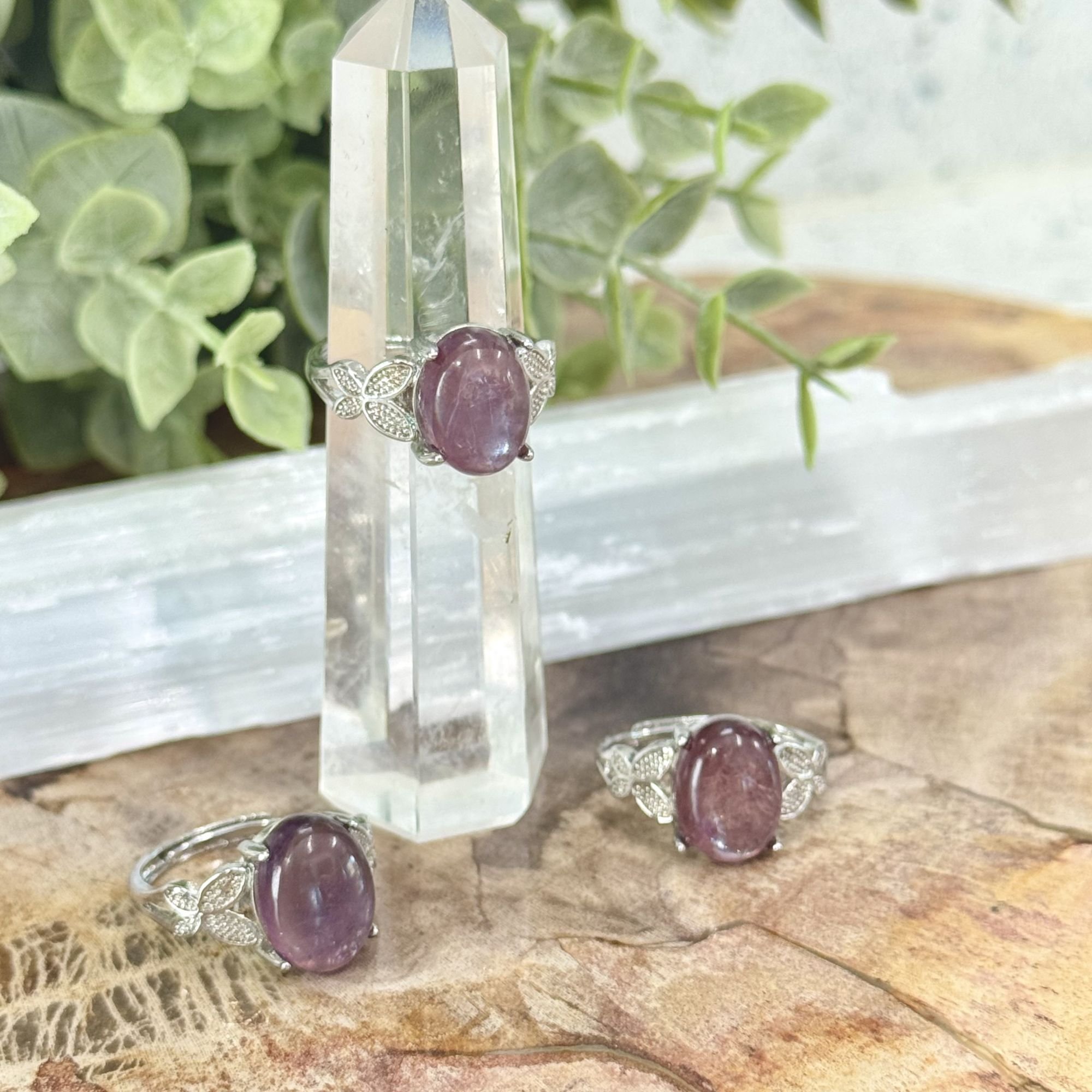 Lepidolite Oval Cut Butterfly Adjustable Stainless Steel Ring – Lavender Gemstone Ring
