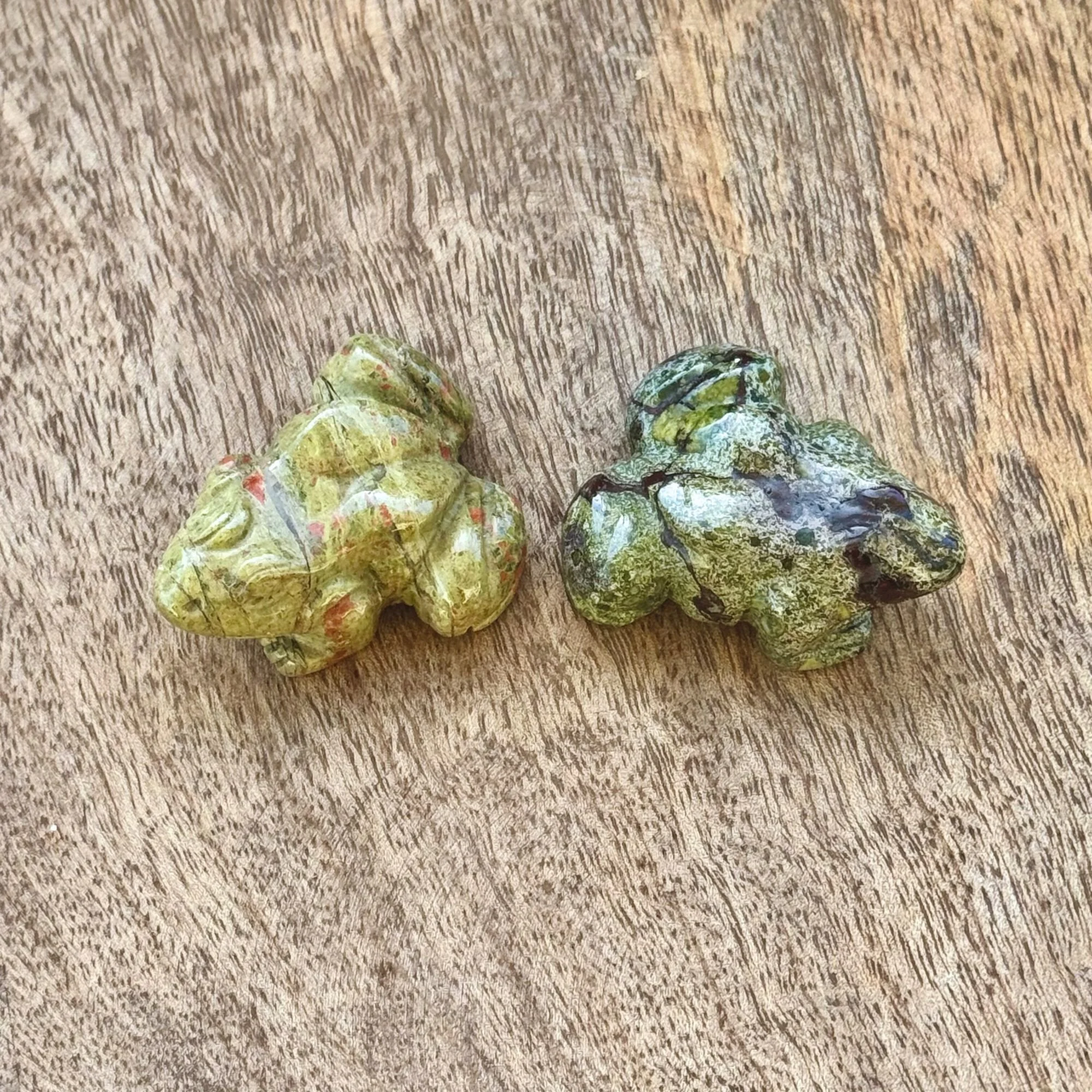 Dragon Bloodstone and Unakite Jasper frog carvings shown side by side, highlighting natural color variations and polished stone surfaces.