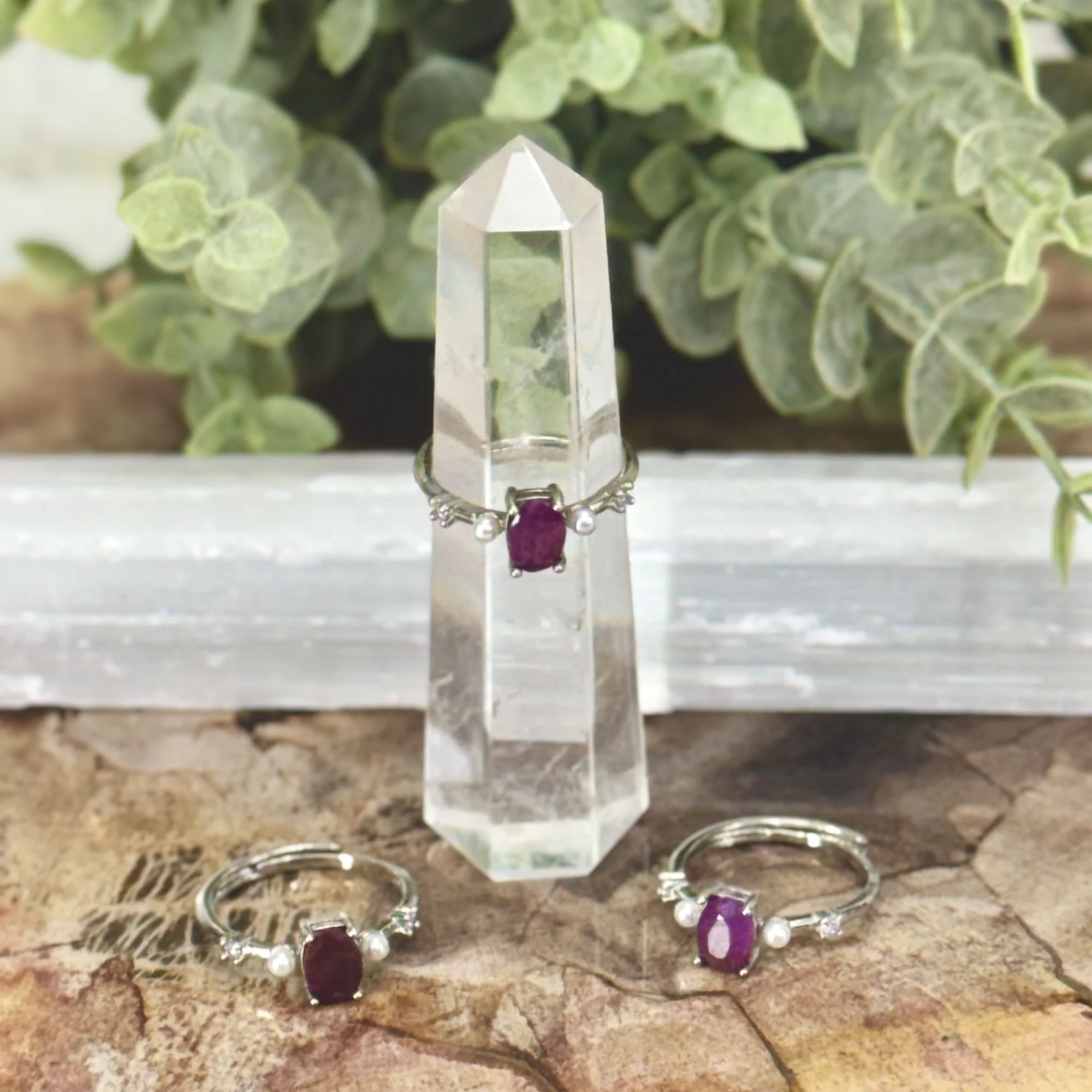 Ruby Oval Cut Adjustable Stainless Steel Ring with Pearls & Crystal Accents – Elegant Gemstone Ring