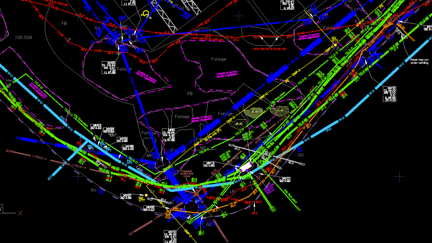 Colorful technical drawing or blueprint of a construction or engineering plan, featuring lines, labels, and symbols on a black background.