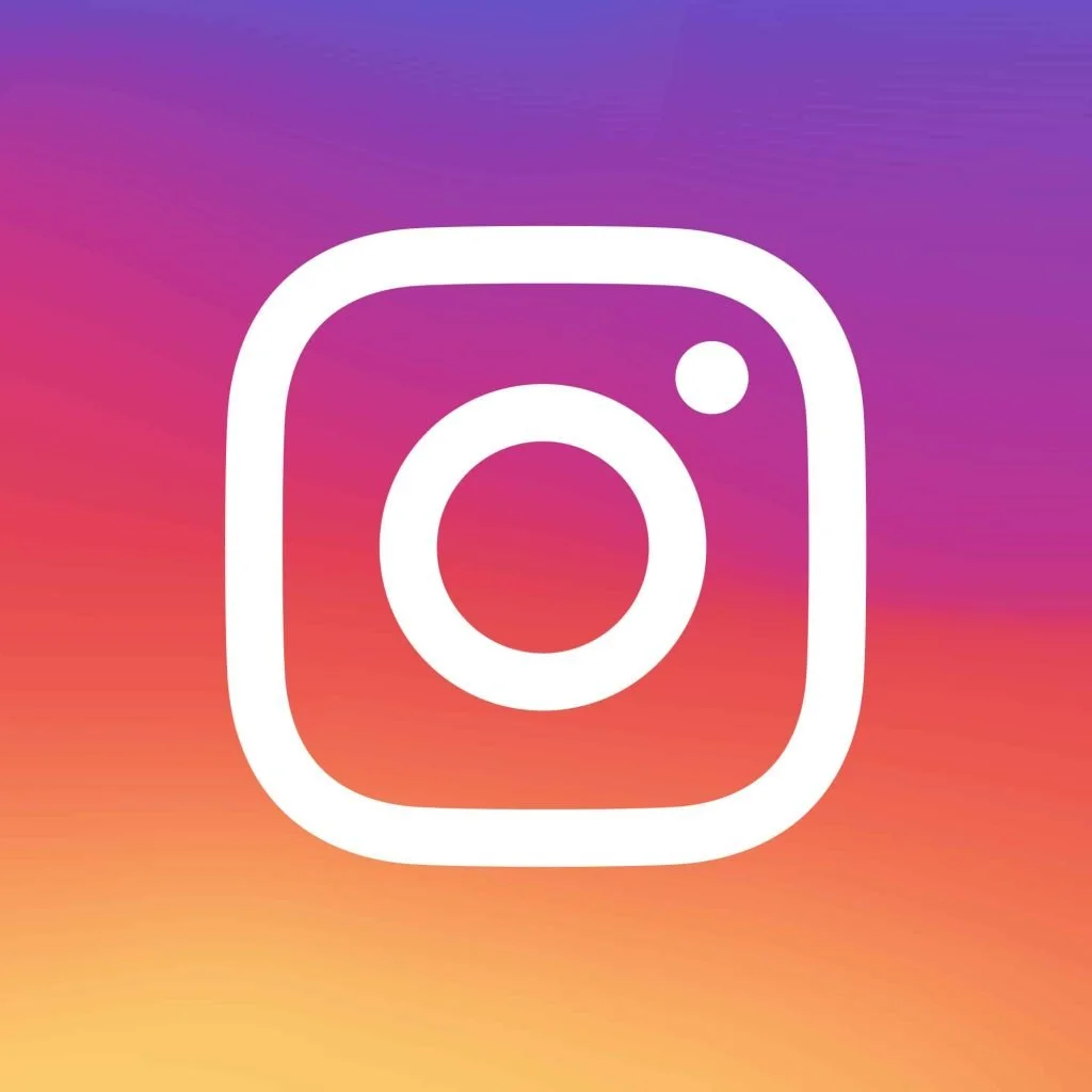 Instagram logo with a white camera icon on a colorful gradient background.