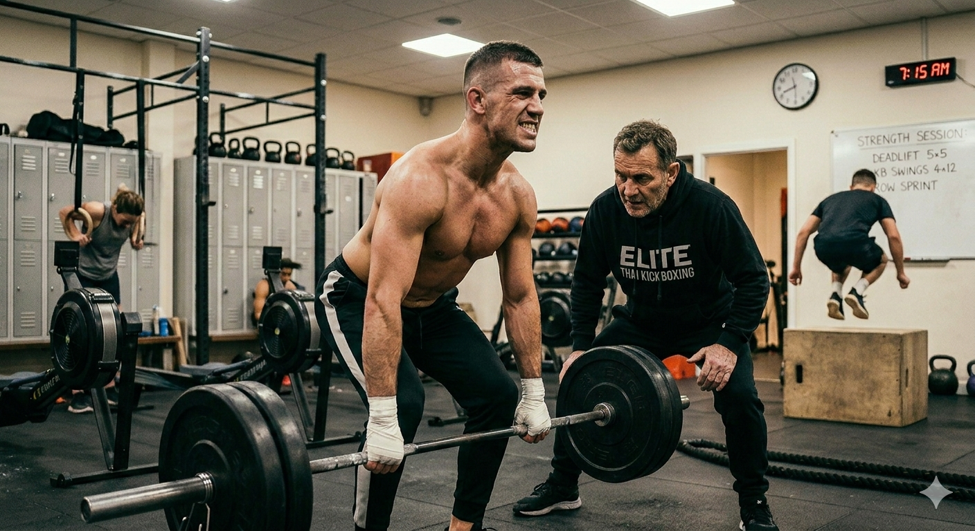 A shirtless man lifting a heavy barbell with weights while two trainers, one crouching and one jumping, assist in a gym. The gym has lockers, kettlebells, and a whiteboard in the background.