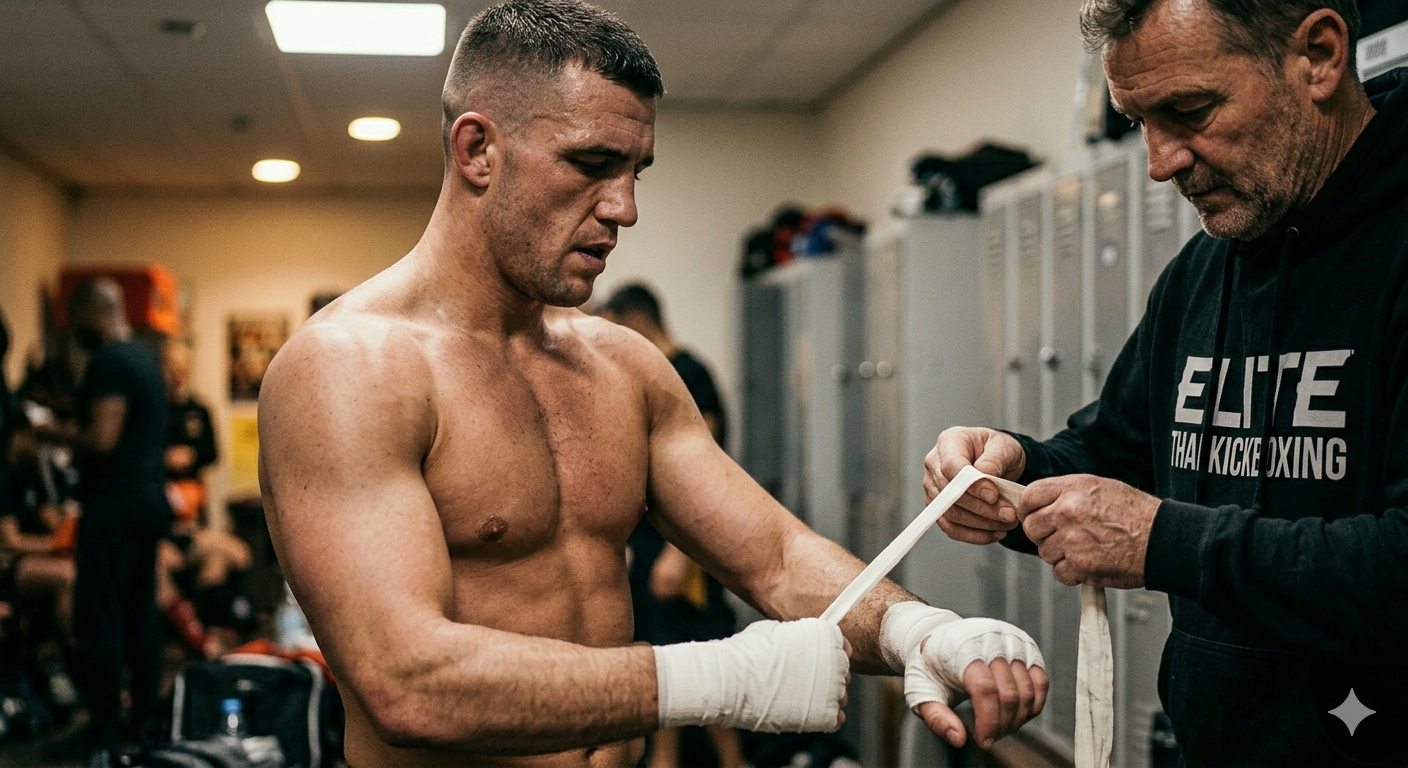 A shirtless male boxer with hand wraps on his fists is getting his tape secured by a trainer in a locker room.