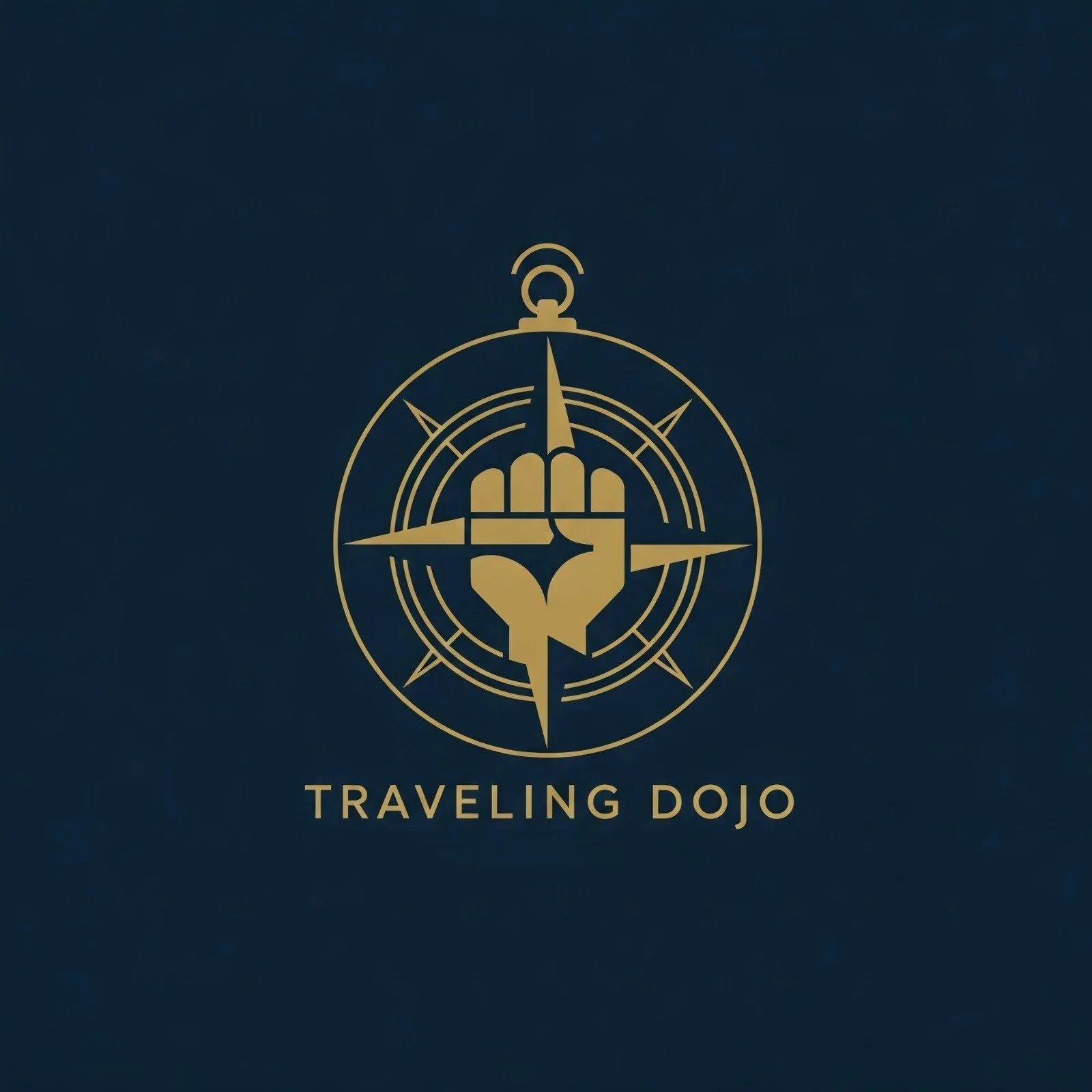 A gold logo featuring a raised fist inside a compass with cardinal directions, and a paperclip at the top. Below the logo, the text says "Traveling Dojo".