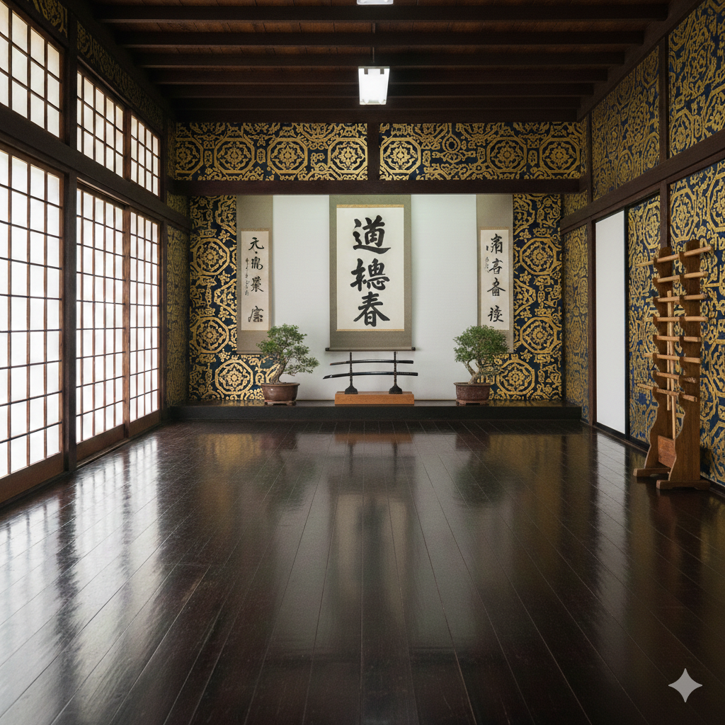Traditional Japanese room with dark wooden floors, shoji sliding doors, decorated walls, calligraphy scrolls, bonsai trees, and a wooden weapon rack.