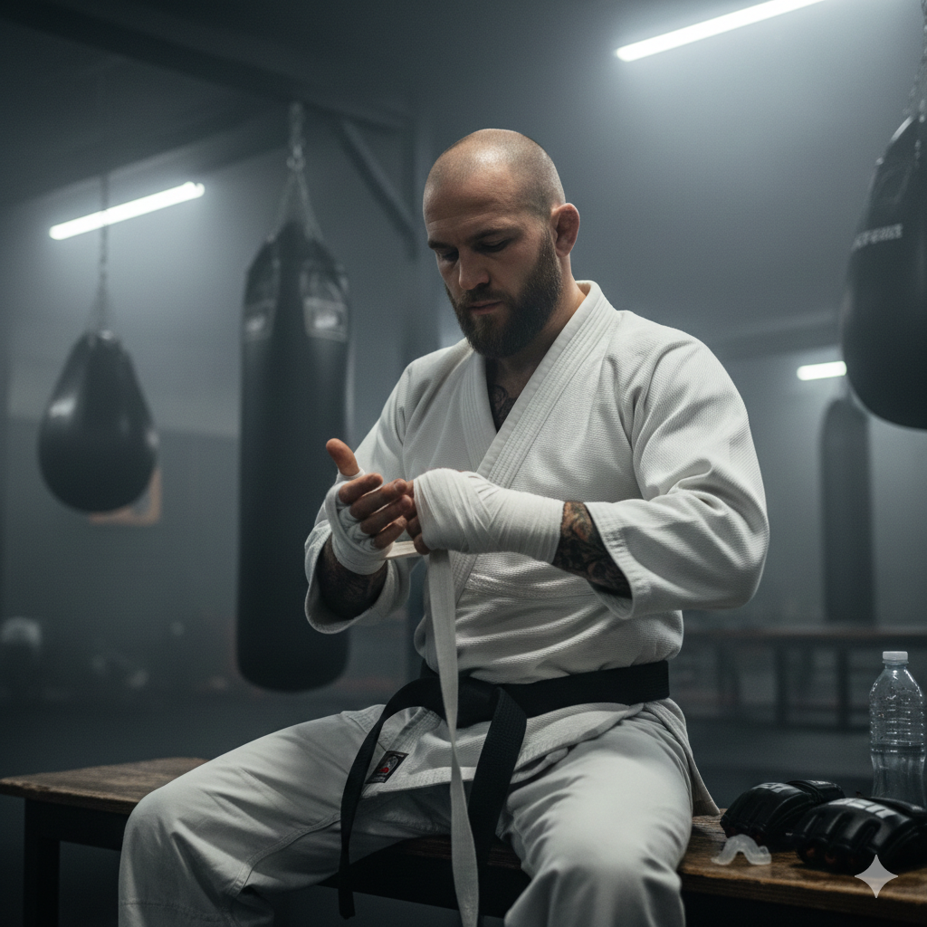 A man wearing a white martial arts gi with a black belt tying his hand wraps in a gym with hanging punching bags.
