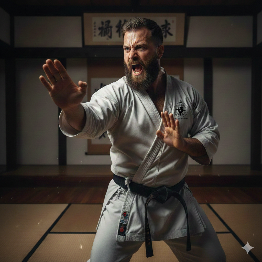 A man in a karate uniform performing a martial arts move with an intense expression in a dojo.