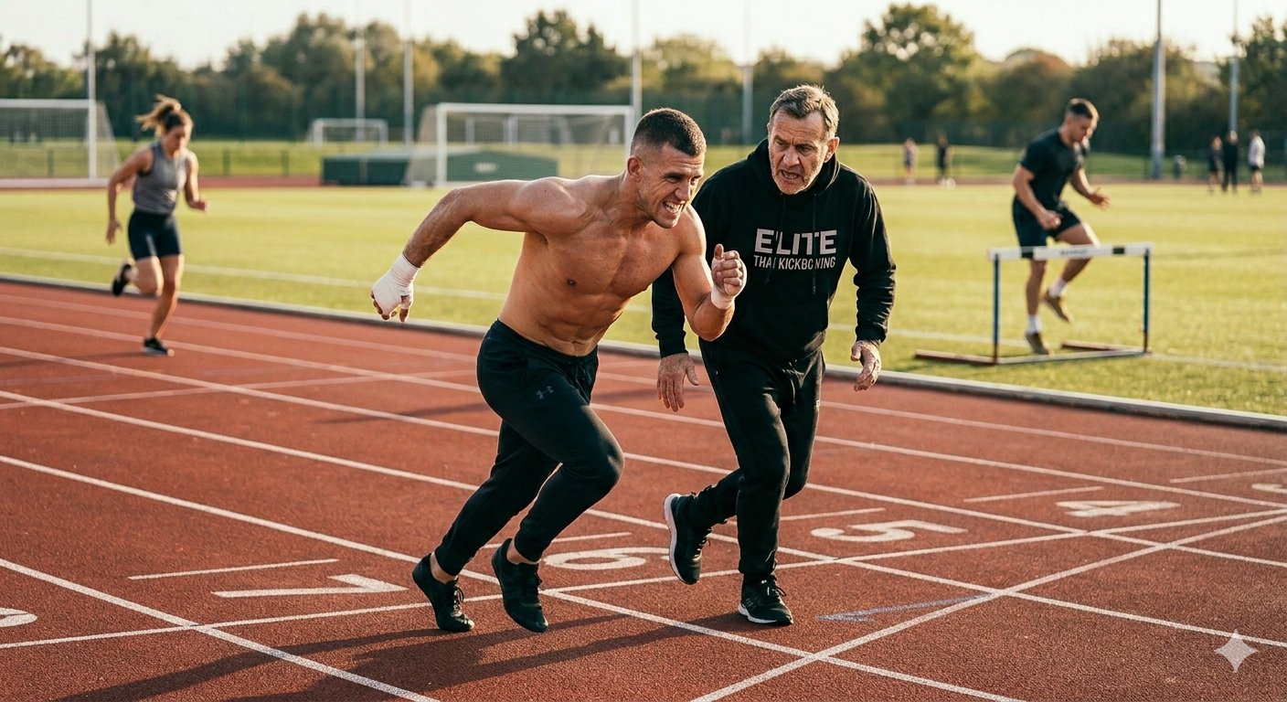 A man running on a track while being coached by another man during daylight.