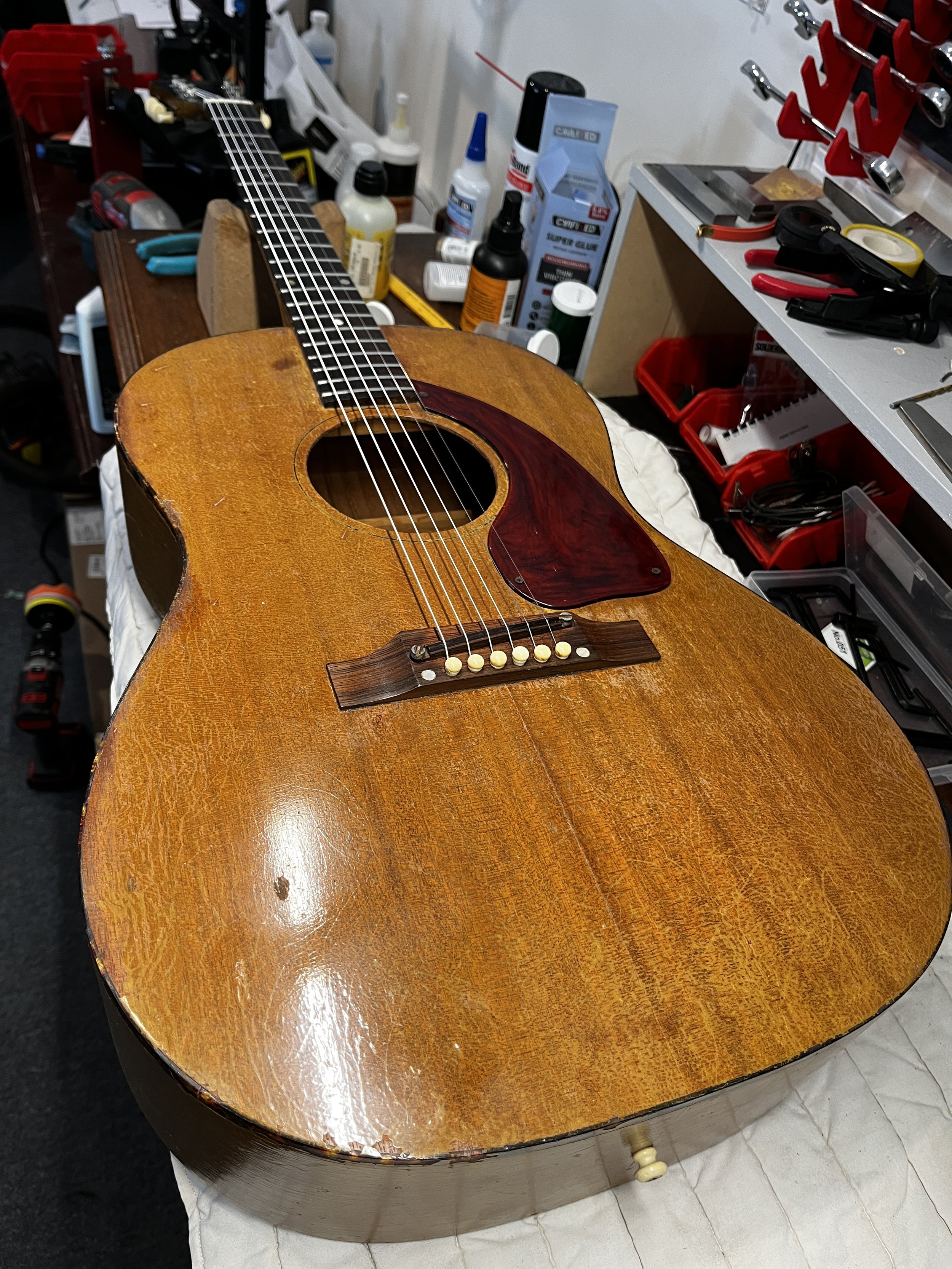 A 1967 Epiphone Cabalero ready to leave. It needed the bridge reglued, new frets, and a body cracked repaired among other cosmetic items.