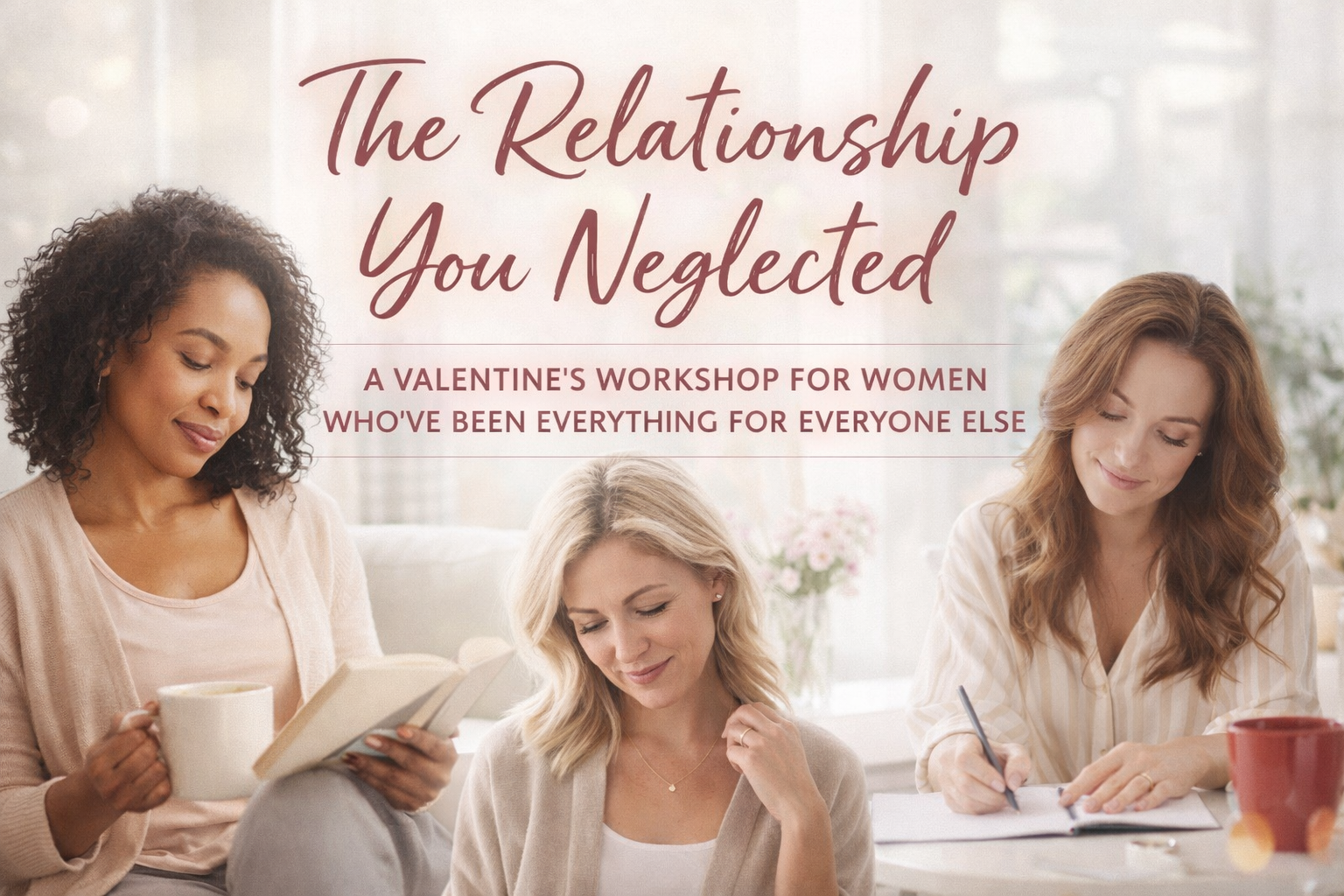 Women gathered together in a cozy setting, with a focus on a workshop about relationship neglect, featuring the text 'The Relationship You Neglected. A Valentine's Workshop for Women Who've Been Everything for Everyone Else.'