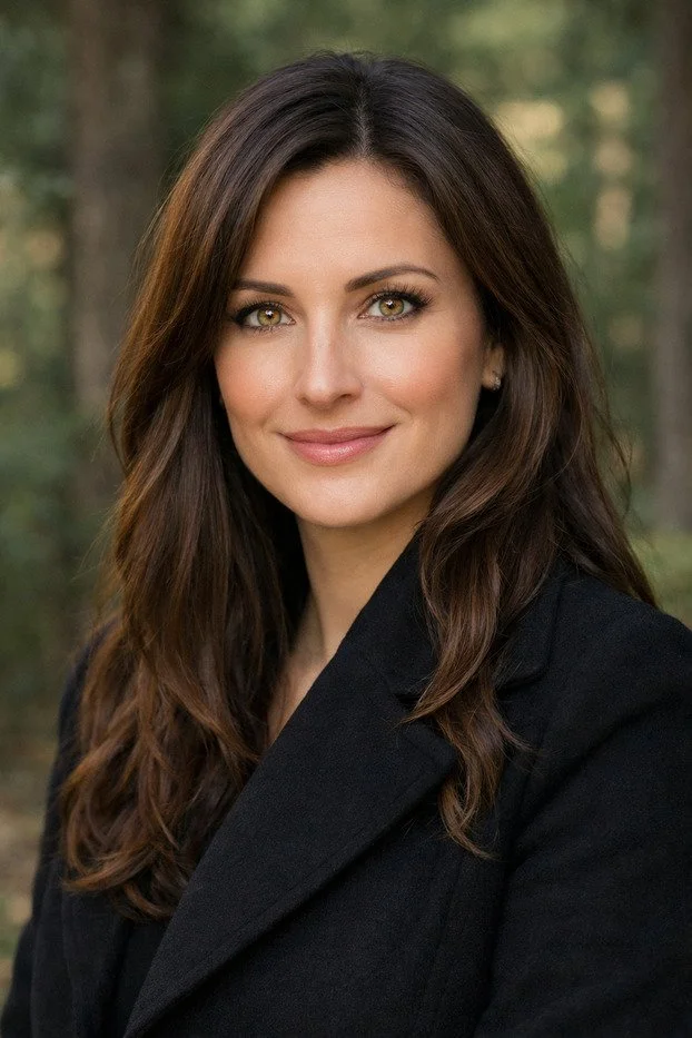 A woman with long wavy brown hair and light-colored eyes, smiling, outdoors in a natural setting with trees in the background, wearing a black coat.