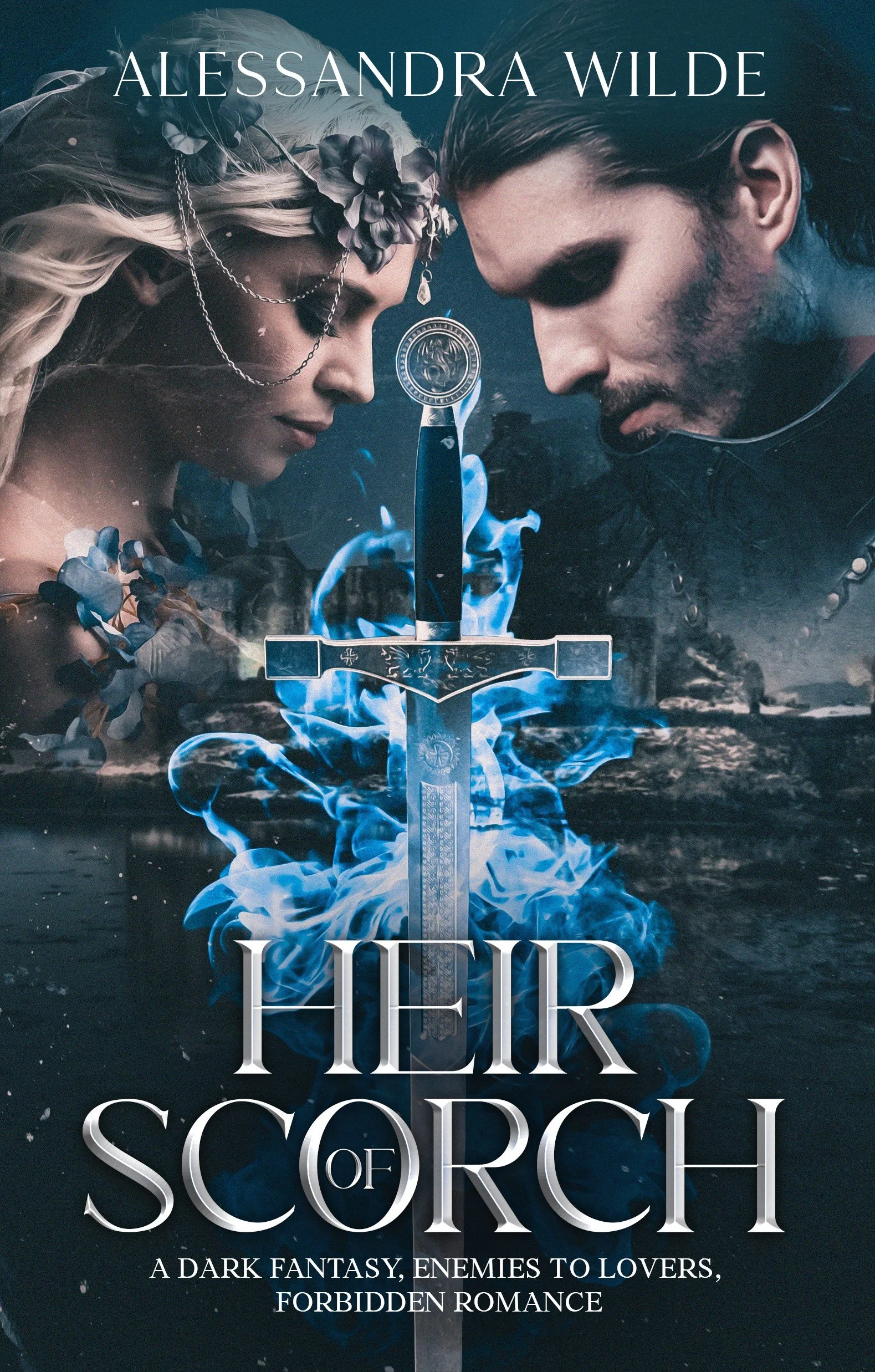 Book cover featuring a blonde woman and a man facing each other with an ornate sword between them, surrounded by blue flames and dark background. The title 'Her Scorch' and the author's name 'Alessandra Wilde' are displayed.