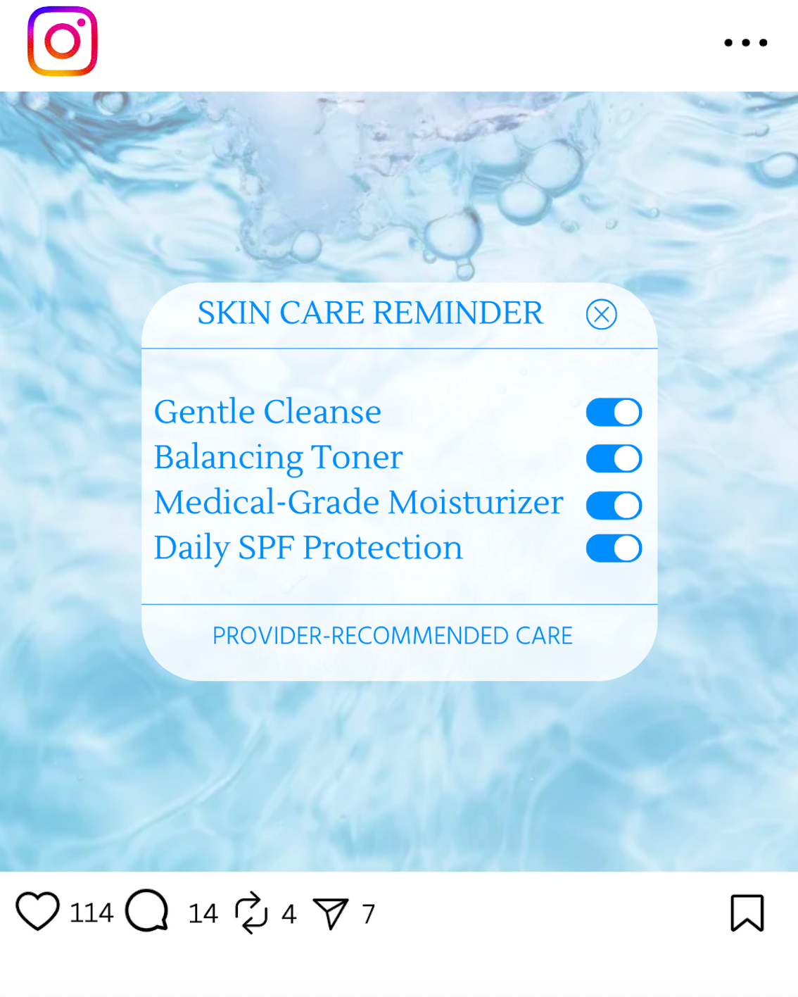 Digital skincare reminder with options for gentle cleanse, balancing toner, medical-grade moisturizer, and daily SPF protection against a water-themed background.