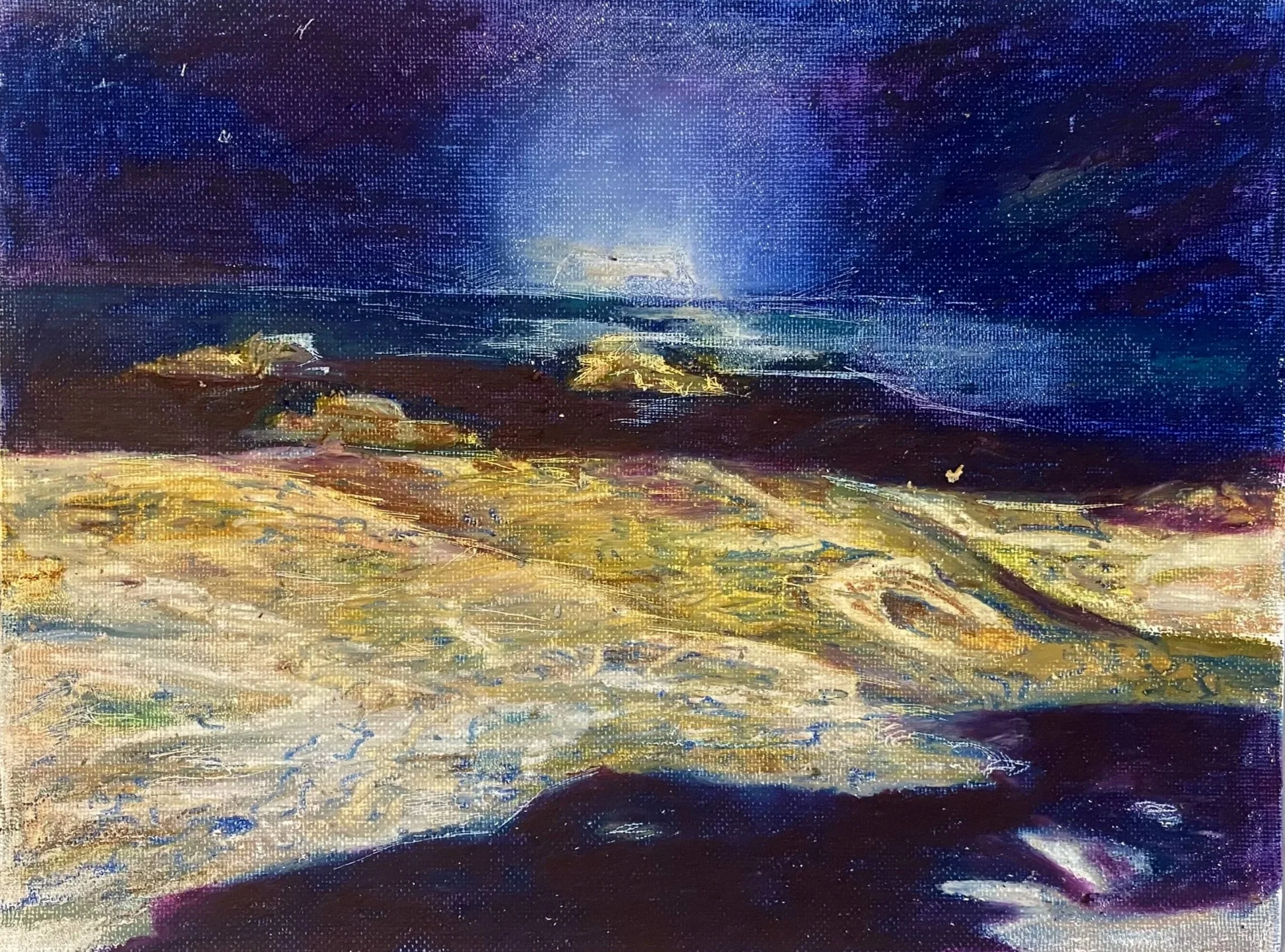 An abstract landscape painting with a dark blue and purple sky, illuminated by a glowing light source above the horizon. The foreground features textured earthy tones in yellow, brown, and beige, creating a rugged terrain.