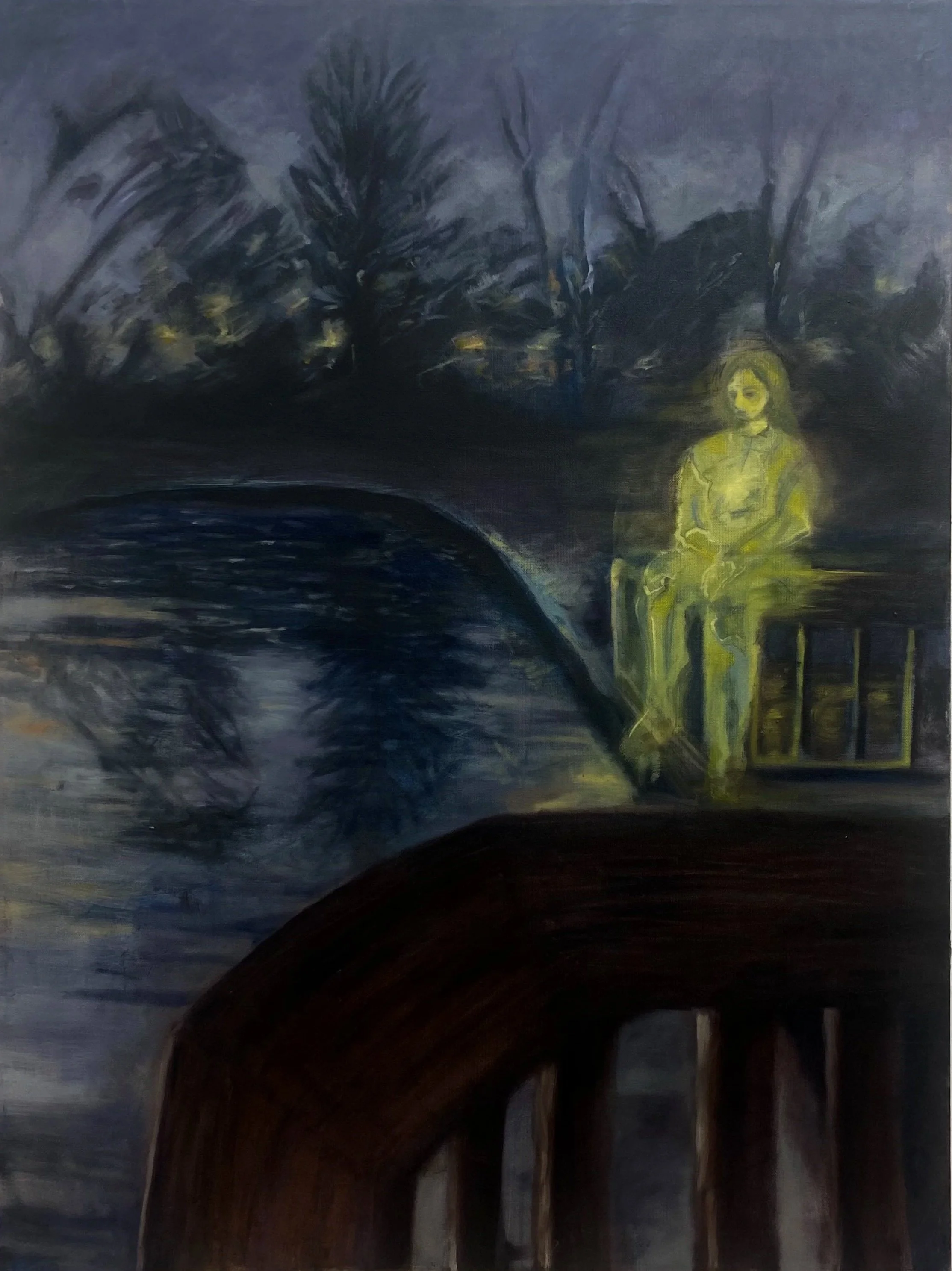 A painting of a ghostly woman sitting on a park bench beside a bridge over a river in a dark, wooded area.