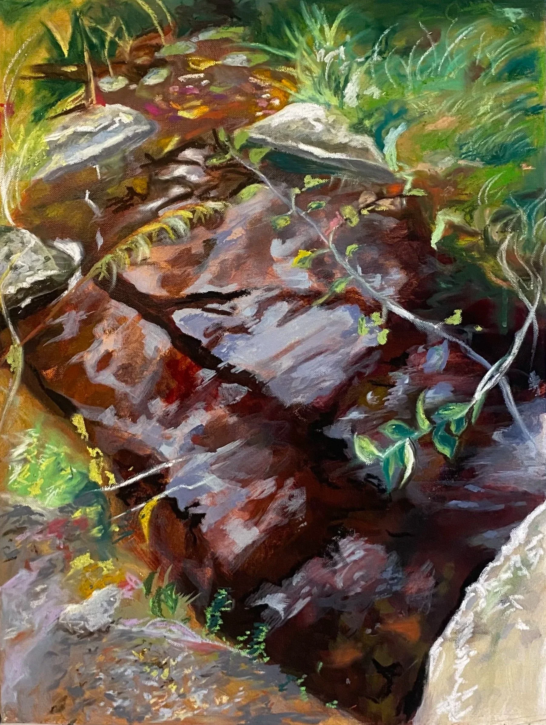 Painted rocks with greenery and foliage surrounding a small water stream.