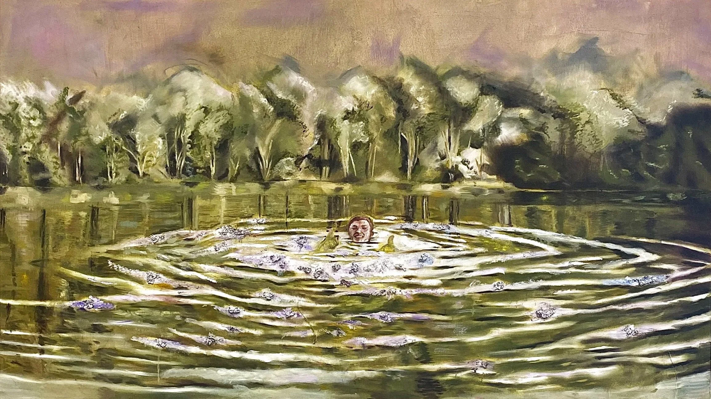 A person swimming in a greenish water body with trees and bushes on the shore in the background.