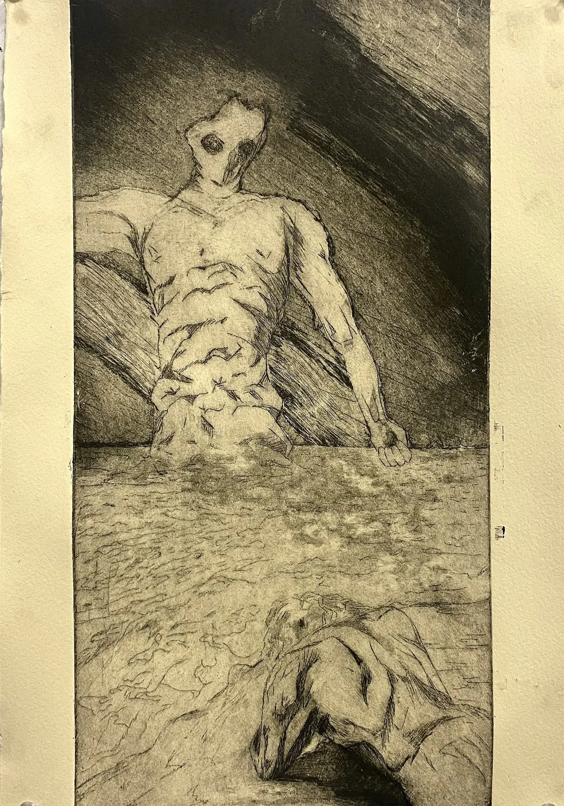 Drawing of a humanoid figure with a skull-like face, muscular torso, and partially submerged in water, with another figure lying face down in water at the bottom of the image.