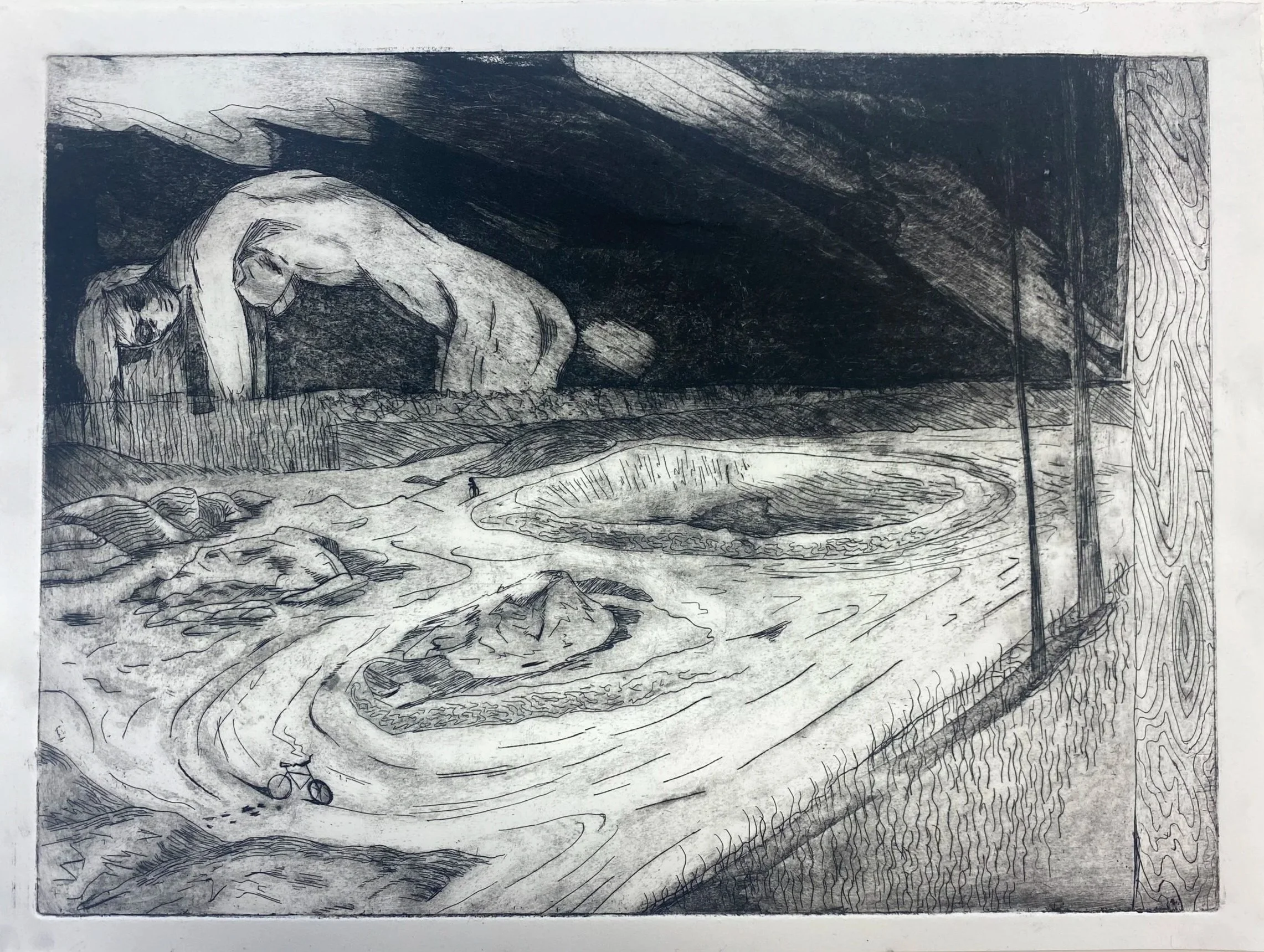 A black and white sketch of a landscape with a large mountain in the background, a winding road, a small pond, and a person riding a bicycle.