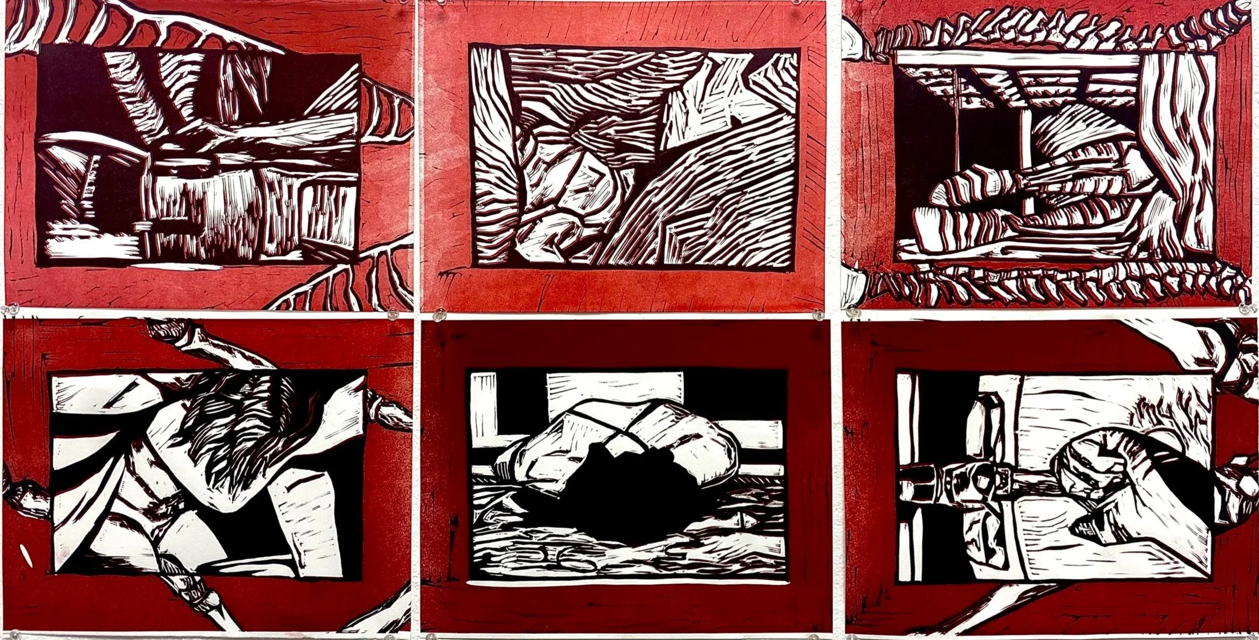 Six panels of a red and black abstract carved wood artwork, each depicting different abstract scenes with geometric shapes, lines, and patterns.