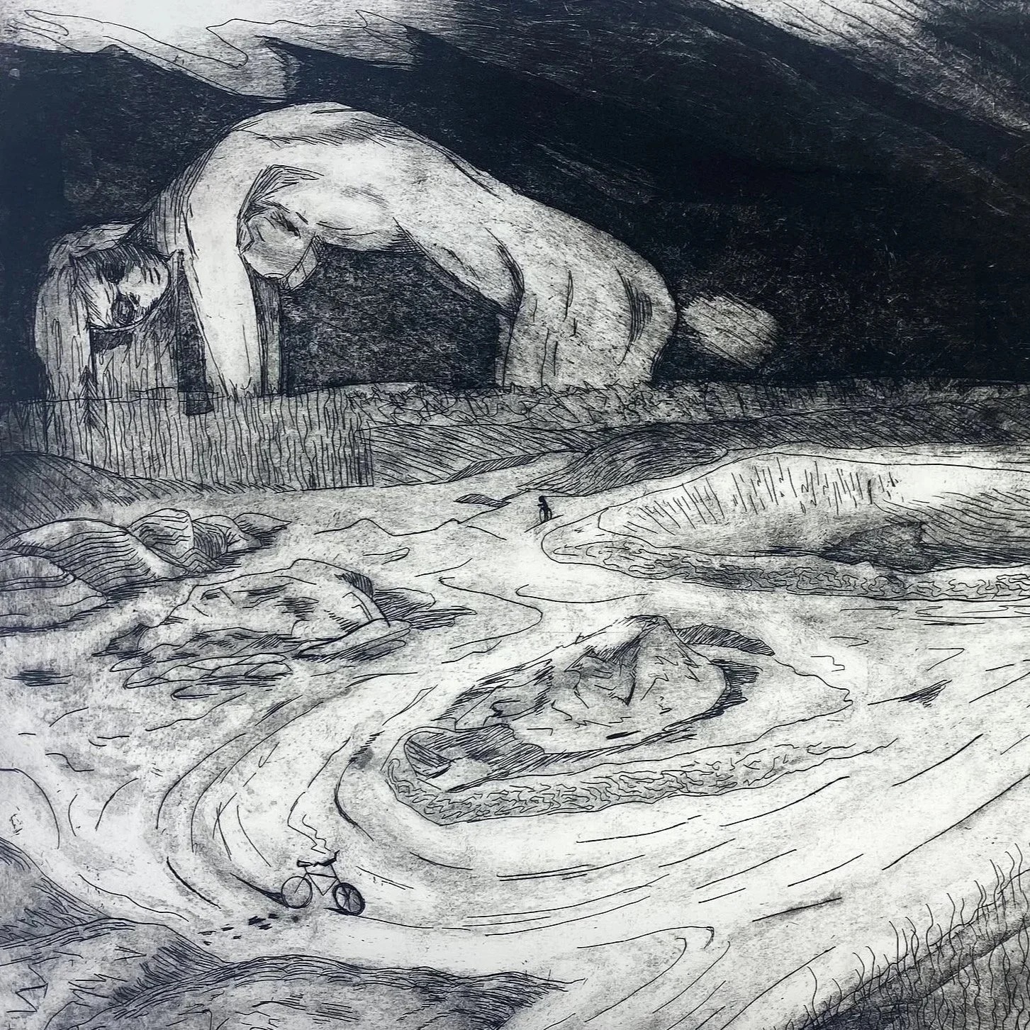 A sketch of a landscape featuring a giant human figure lying on a hill, with a person cycling on a winding dirt path and a small figure walking in the distance.