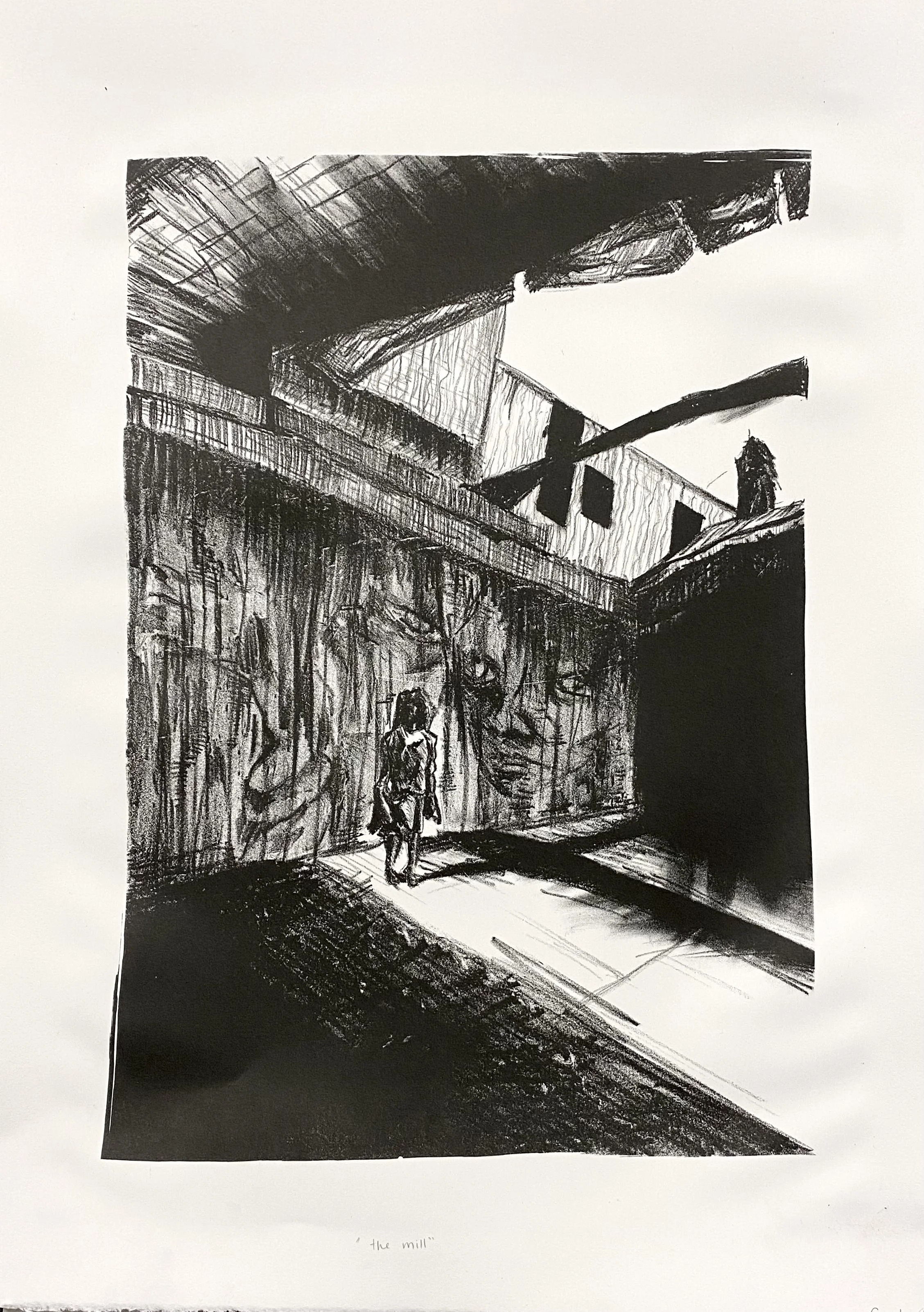 Black and white sketch of a girl walking past a mural of a face on a wall, with a building above and shadows on the sidewalk.