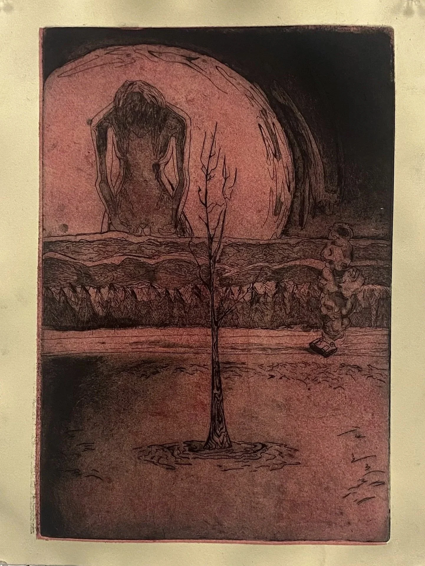 Artwork depicting a tree in the foreground, a figure of a person sitting and writing, a smoky incense stick, mountains, and a large moon or sun in the background, with a dark sky.