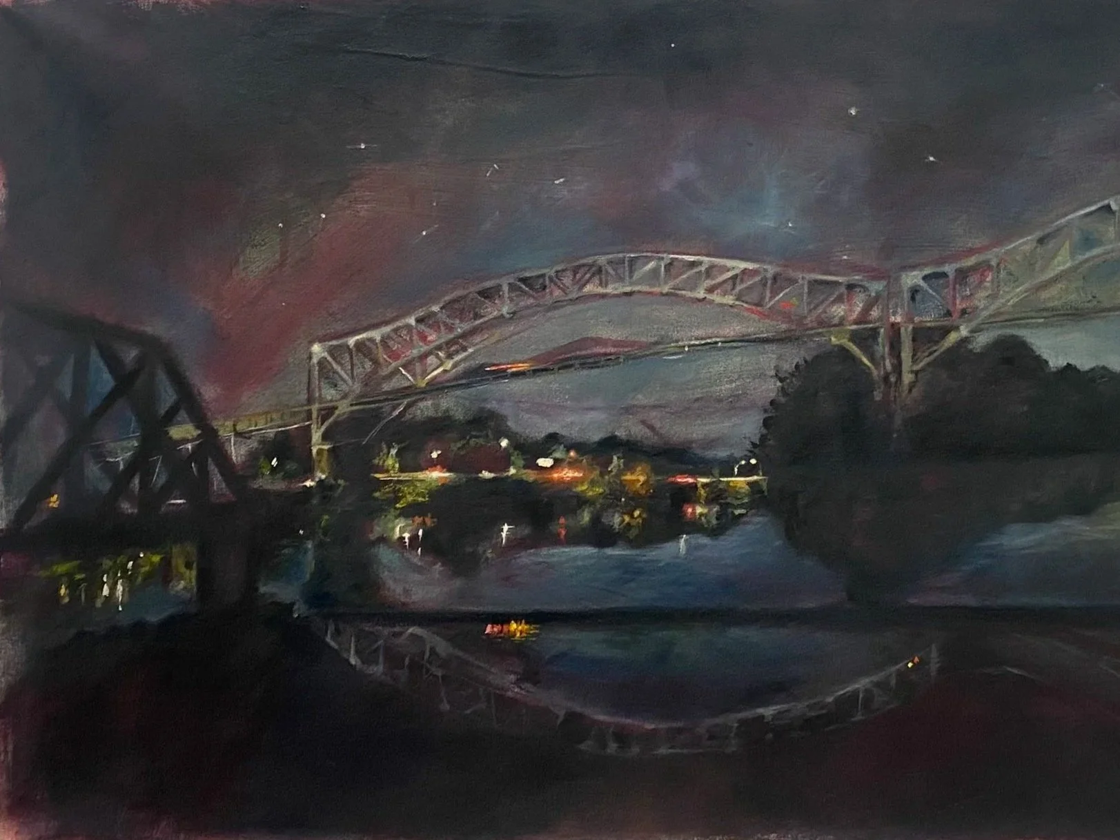 Nighttime landscape painting of a bridge over a river with dark trees on the right and city lights in the background under a cloudy sky.