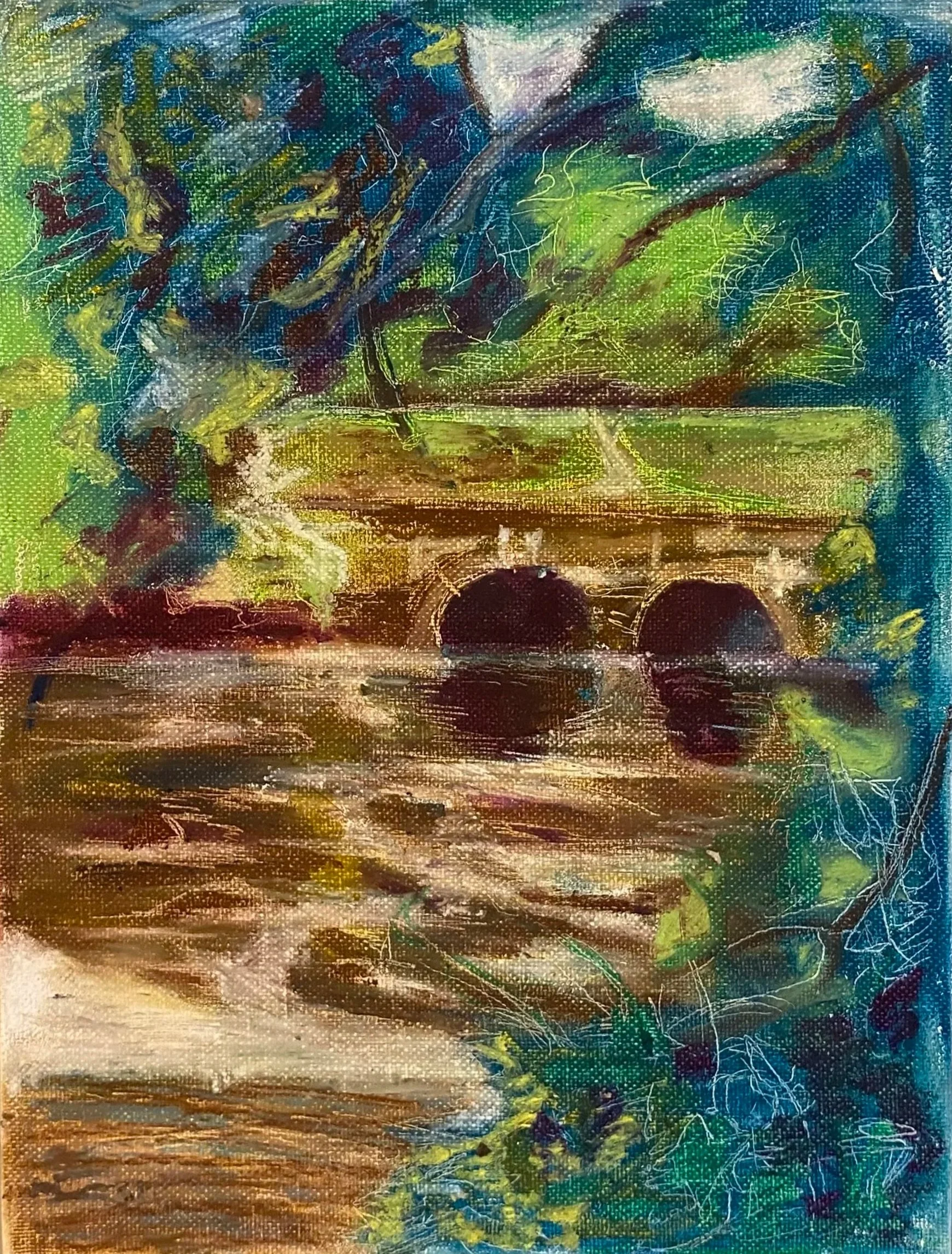 Abstract painting of a bridge over a body of water, surrounded by foliage and trees, with vibrant colors and textured brushstrokes.