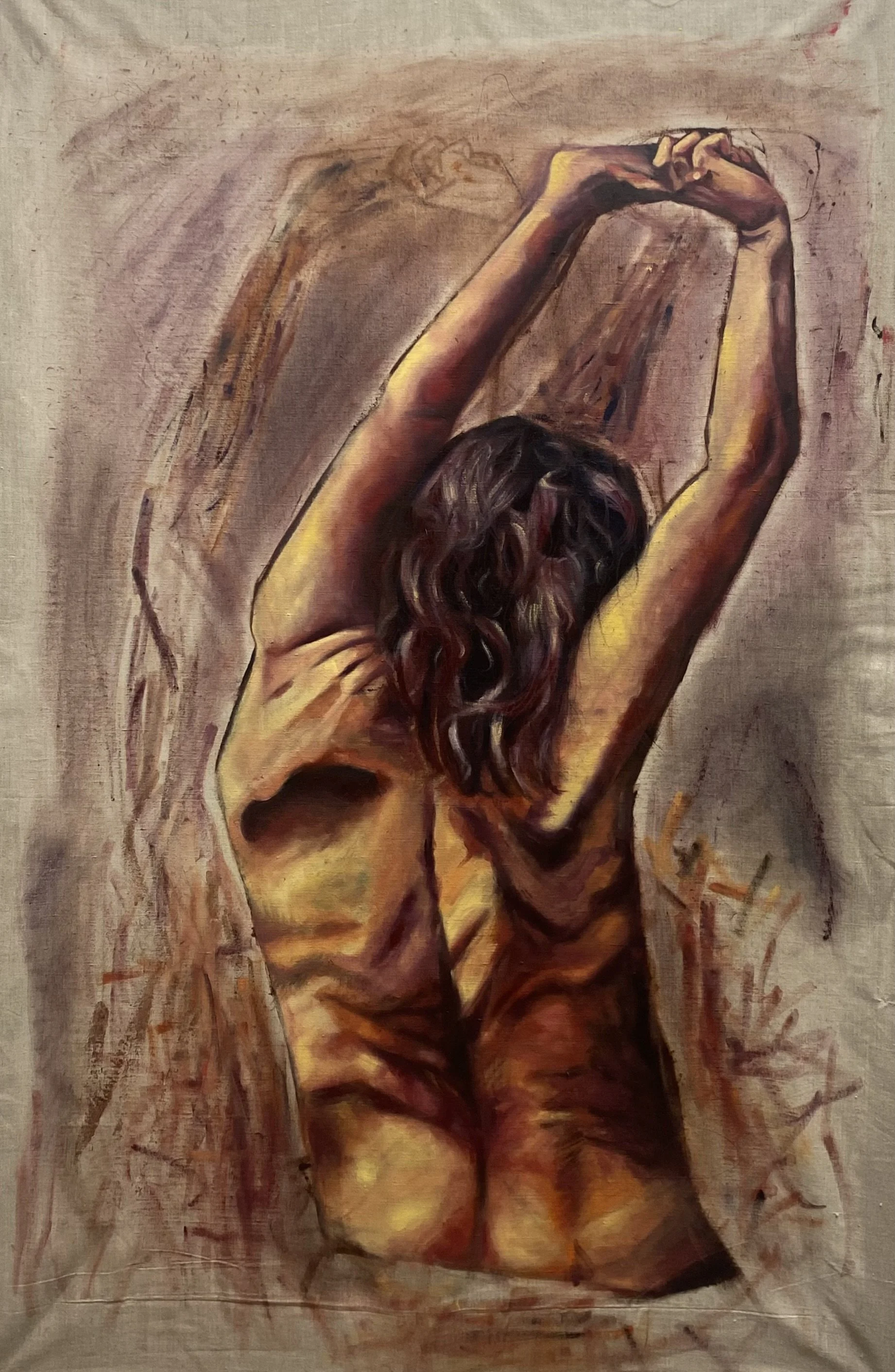 A painting of a woman with curly hair stretching her arms upward, viewed from behind, with warm tones and abstract background.