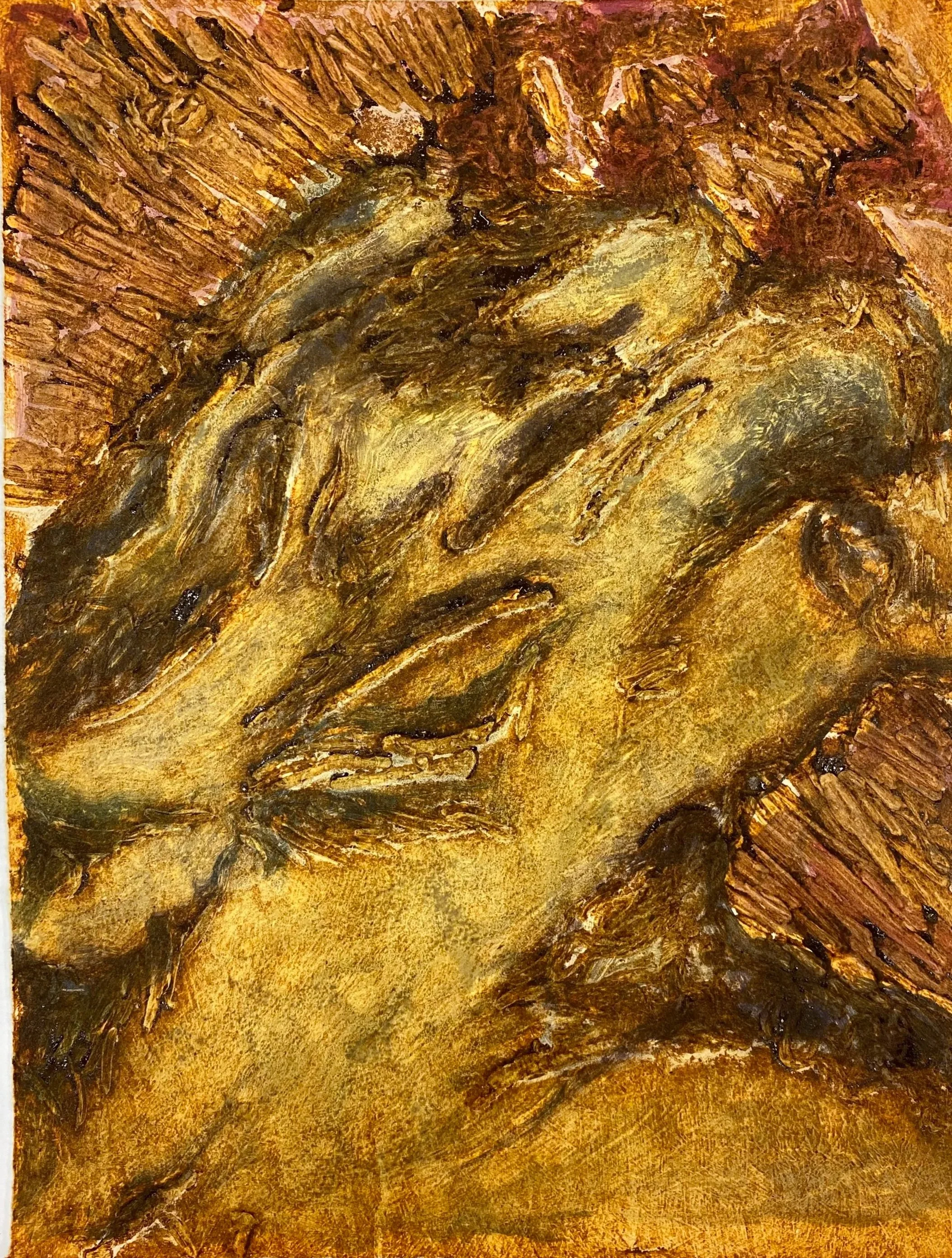 A textured, close-up painting of a face resting, with eyes closed and a hand touching the face, in warm earthy tones.