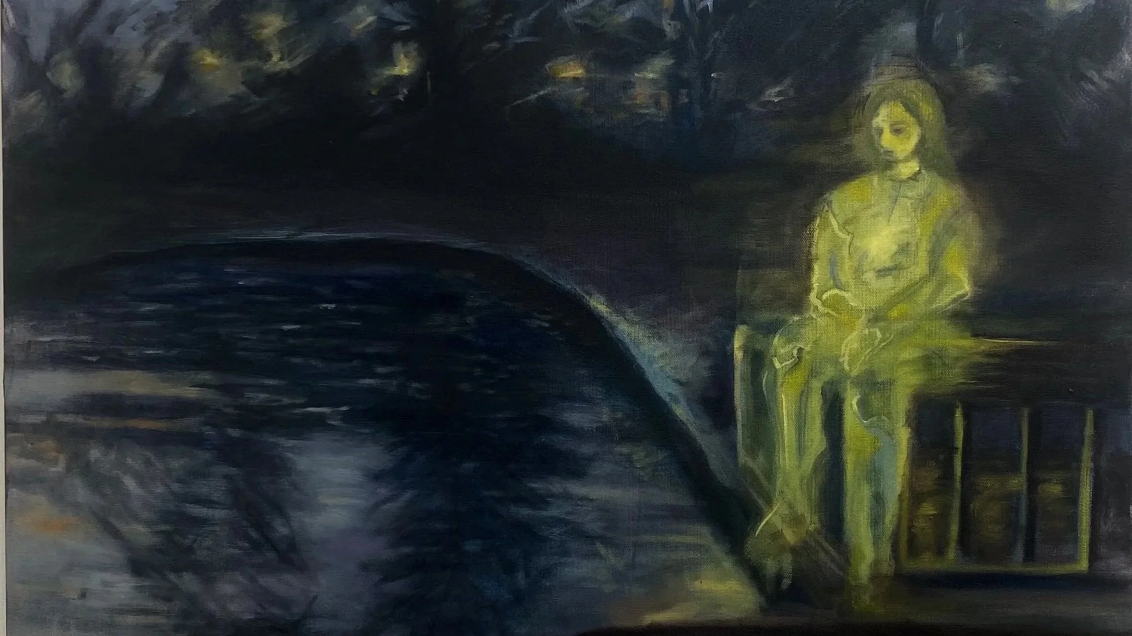 A dark, shadowy scene shows a glowing yellow-green figure of a woman sitting on a bench with crossed arms. In the foreground, a shadowy figure with a hunched back is visible, and a dark, indistinct background surrounds them.