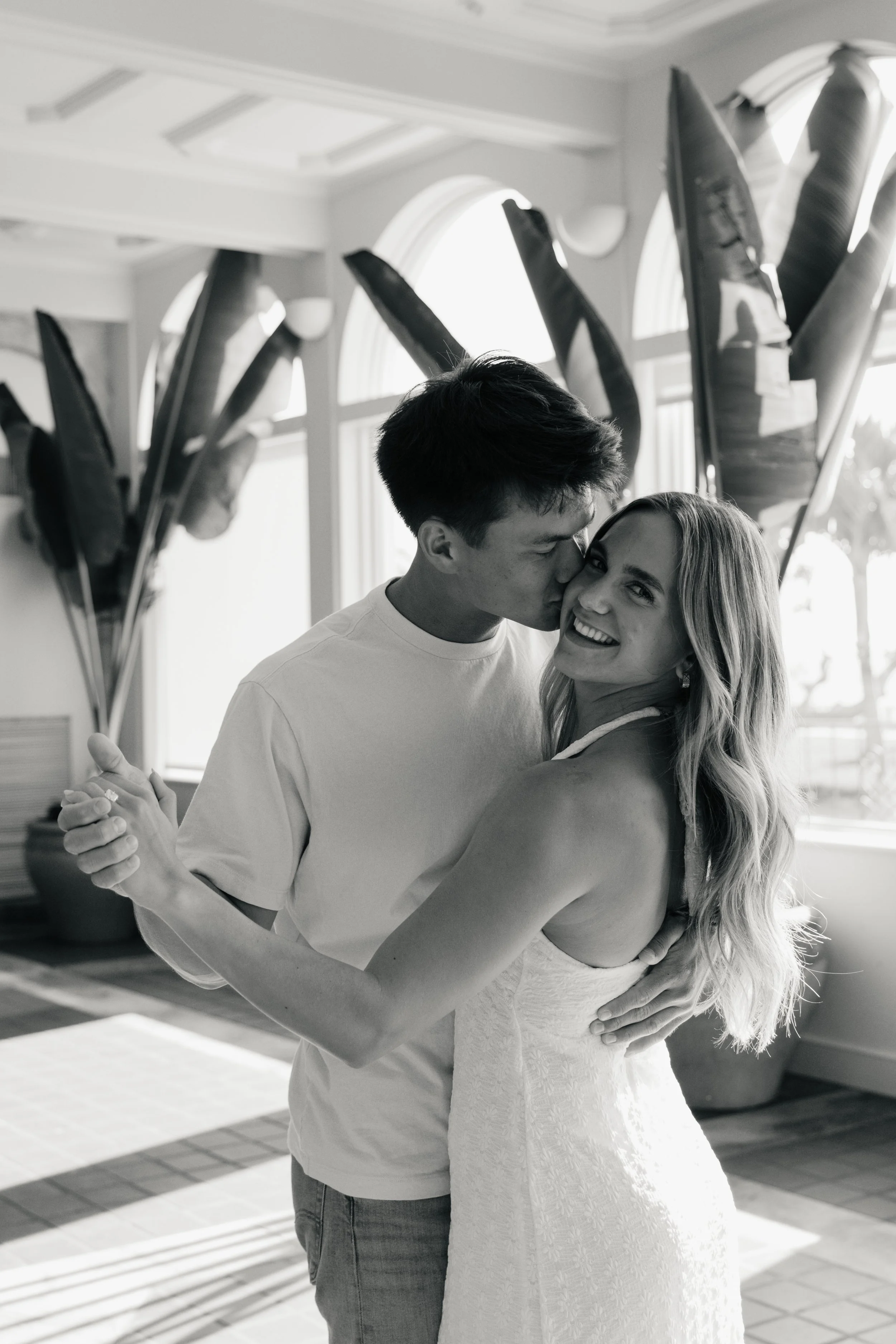 Engagement shoot at College Hall, Sarasota, FL at golden hour in black and white.