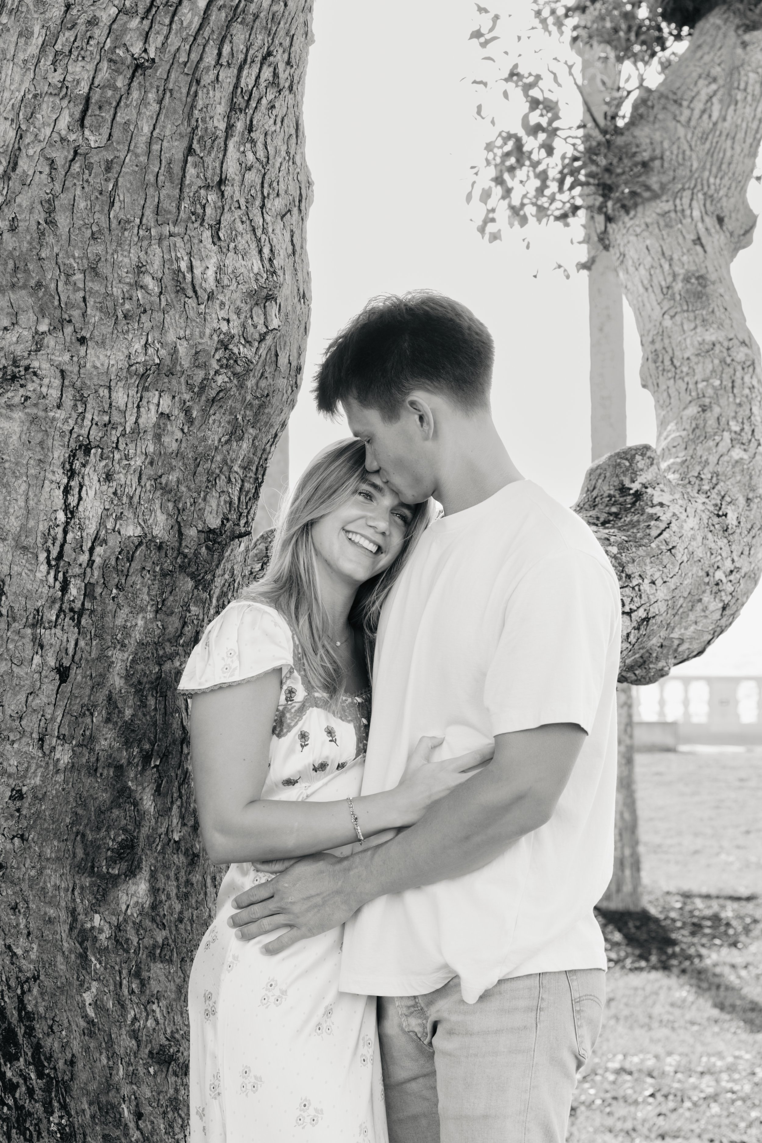 Dreamy engagement shoot at College Hall, Sarasota, FL in black and white.
