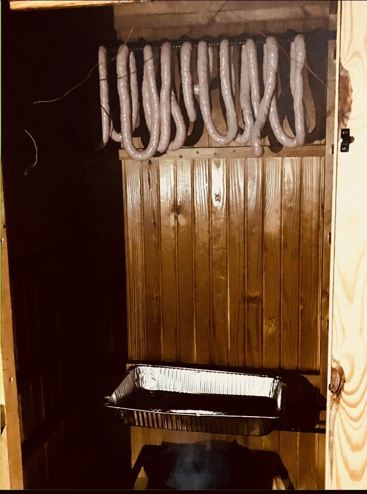 Vacuum-sealed sausages hanging from a wooden wall inside a small room with a wooden door and an aluminum tray below the sausages.
