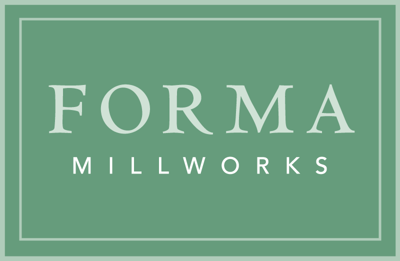 A green sign with white border text that reads "FORMA MILLWORKS" in large Gothic font for 'FORMA' and smaller block letters for 'MILLWORKS'. Custom cabinetry design and installation. Connecticut.