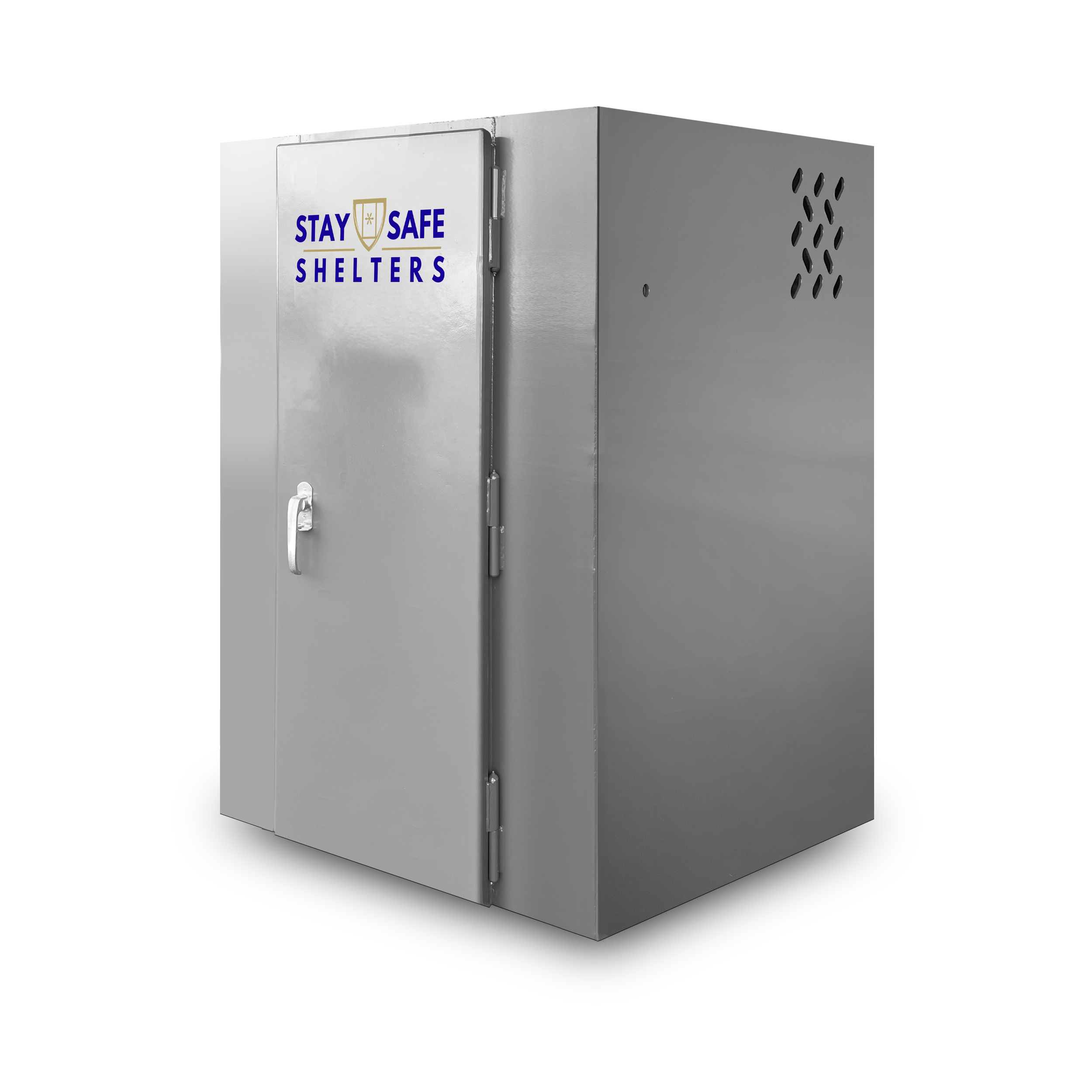 Gray outdoor shelter with a door labeled 'Stay Safe Shelters' and a lock, vents on the side