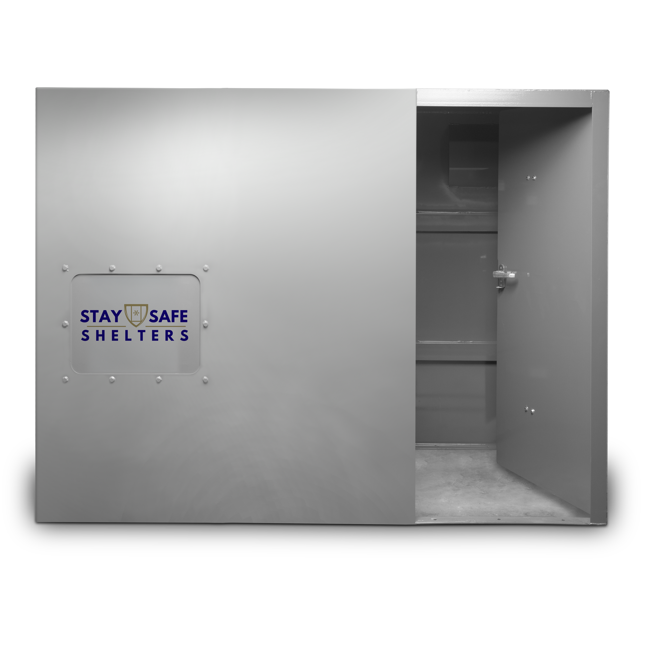 A gray metal shelter with an open door, labeled 'Stay Safe Shelters', placed on a black background.