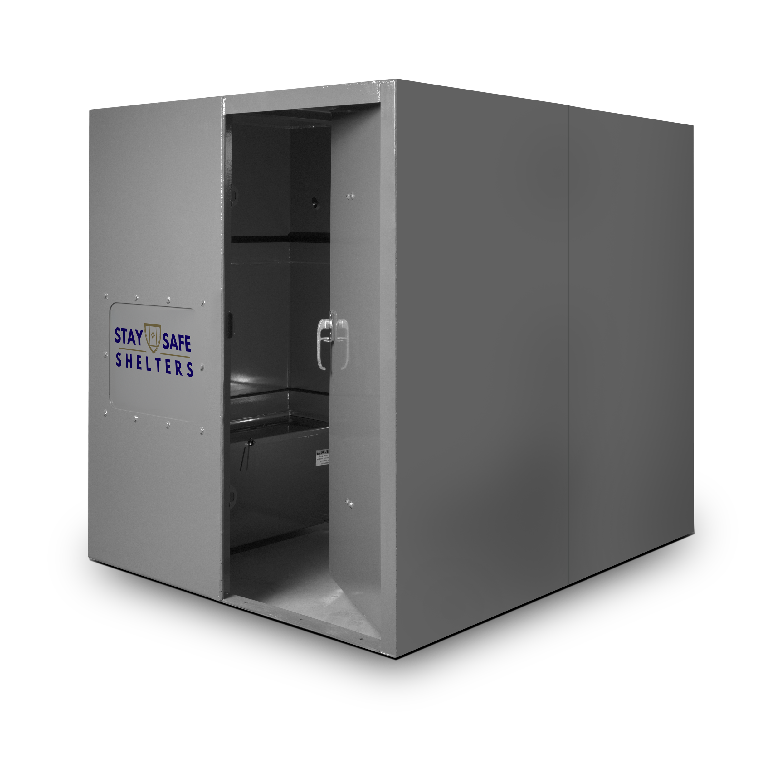 A gray emergency shelter with an open door, labeled 'Stay Safe Shelters' with a shield logo, designed for disaster safety.