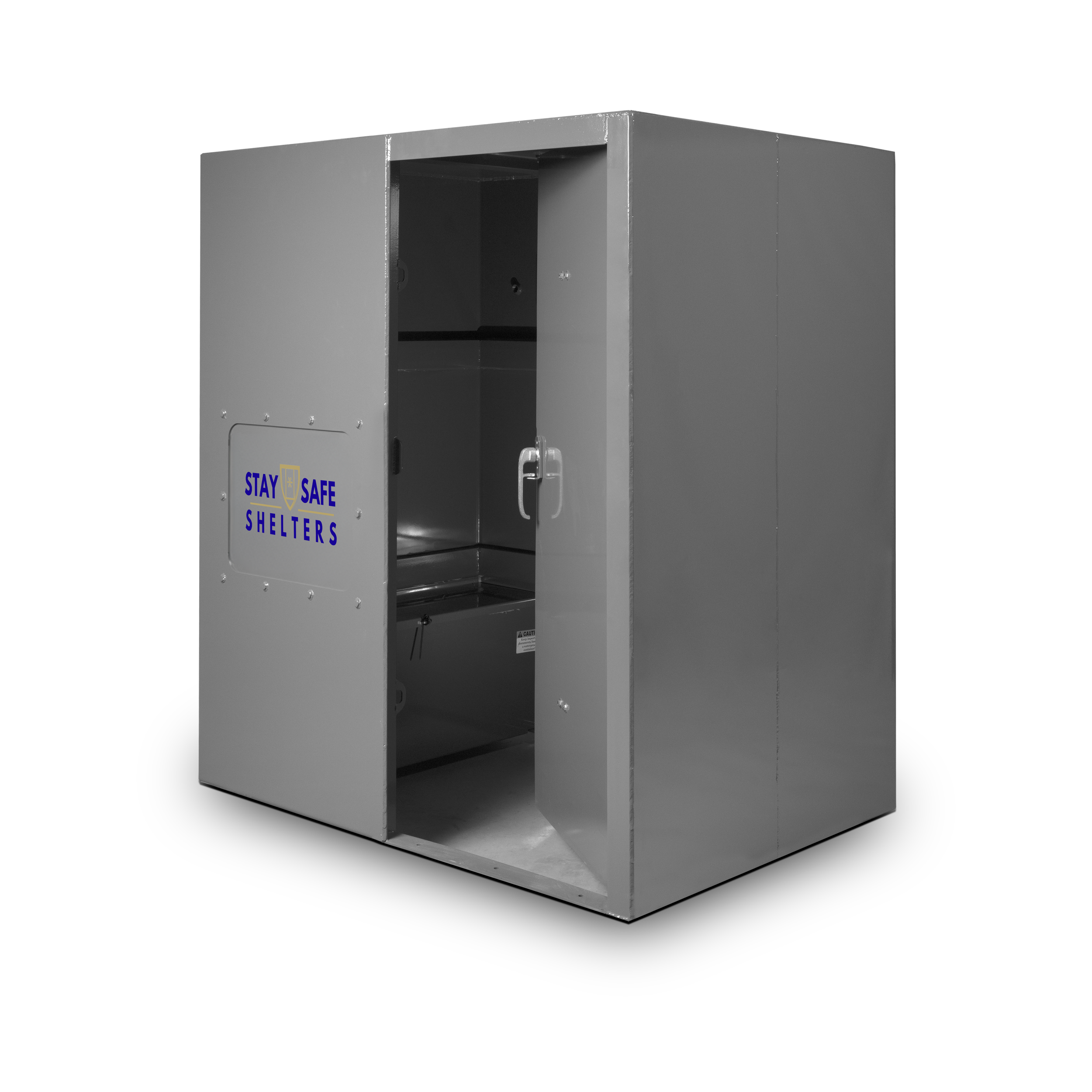 Metal shelter with a partially open door and a sign that reads 'Stay Safe Shelters' on the outside.