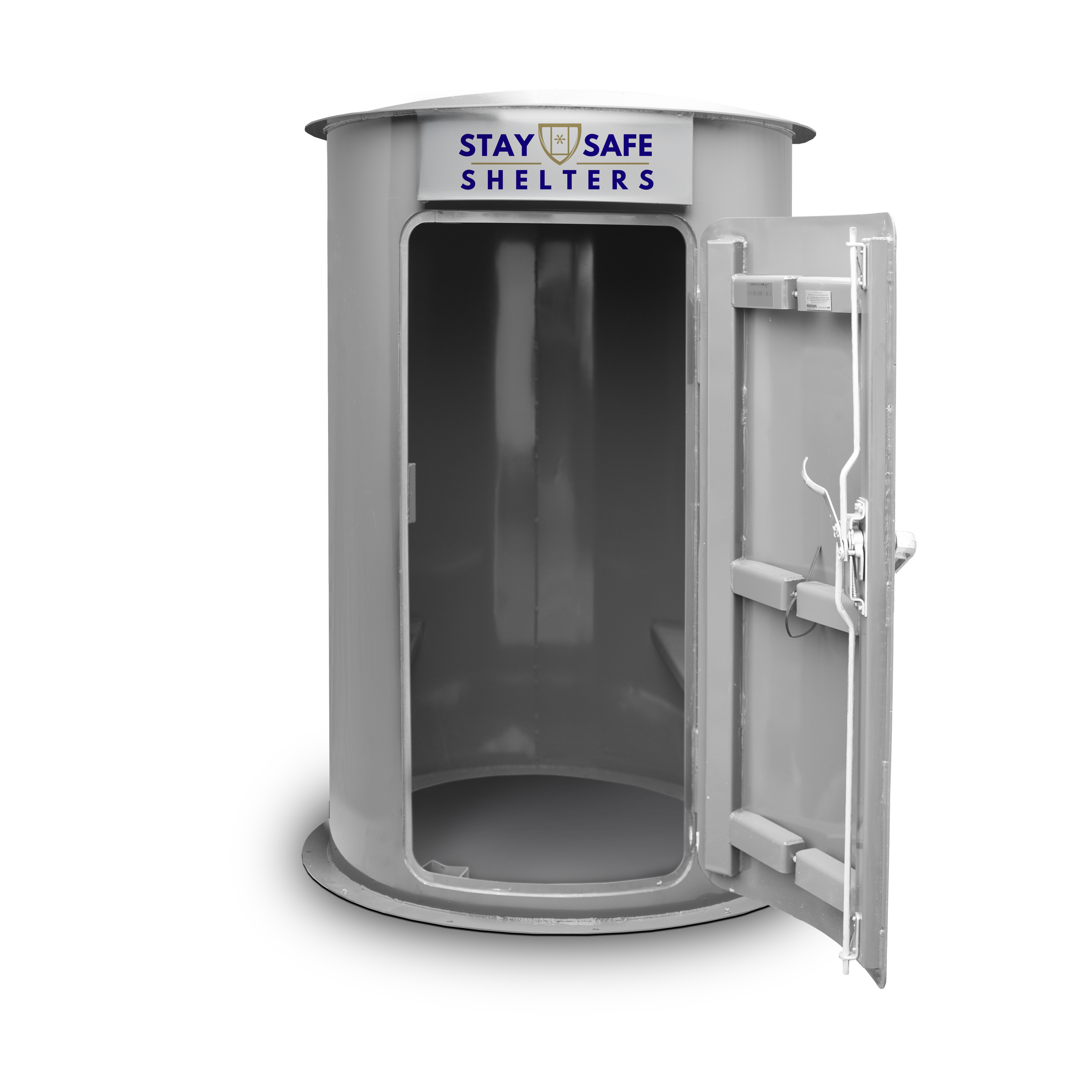 Empty metal shelter with open door, labeled 'Stay Safe Shelters' at the top.