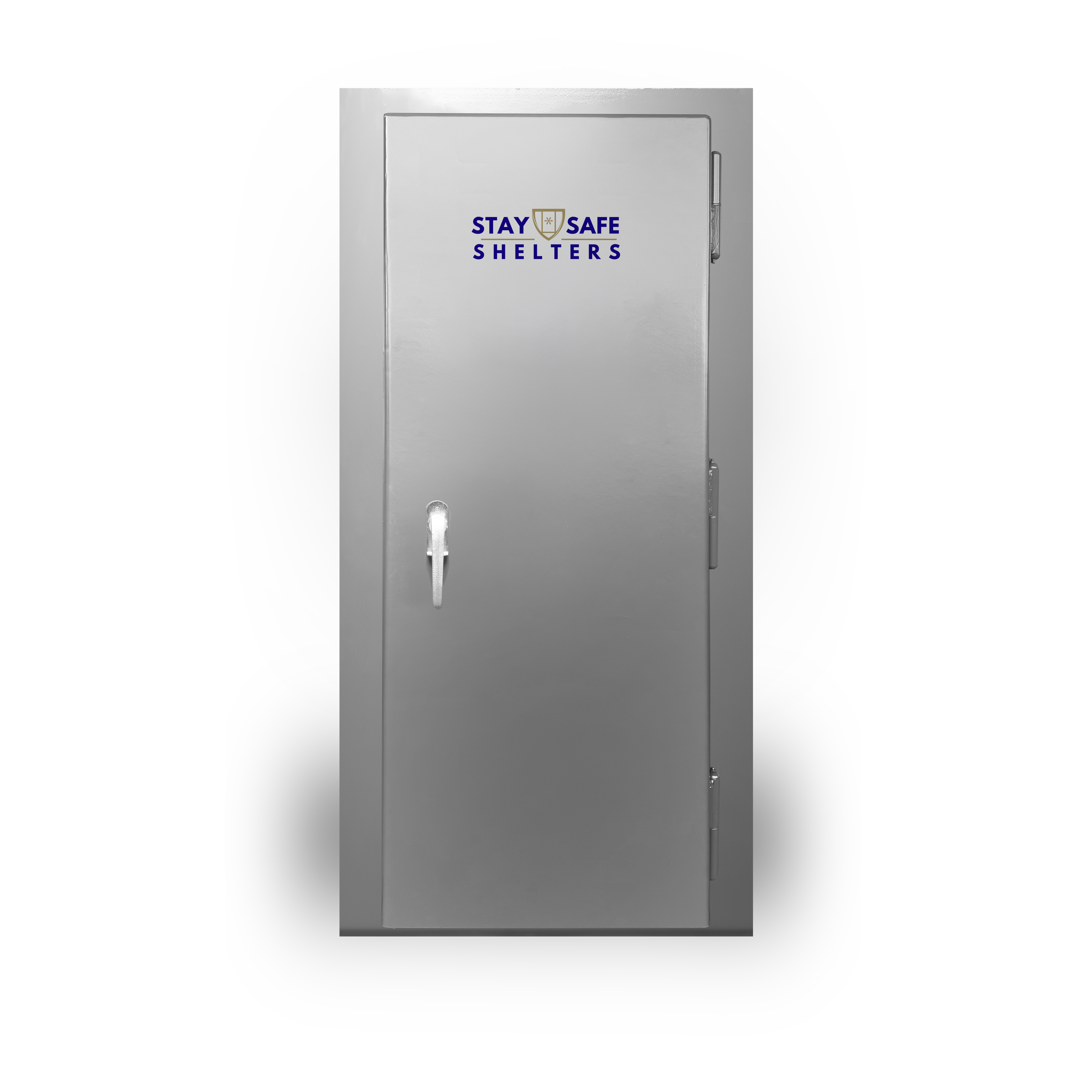 A metal shelter with a door, labeled 'Stay Safe Shelters,' surrounding a small emergency shelter or safe space.
