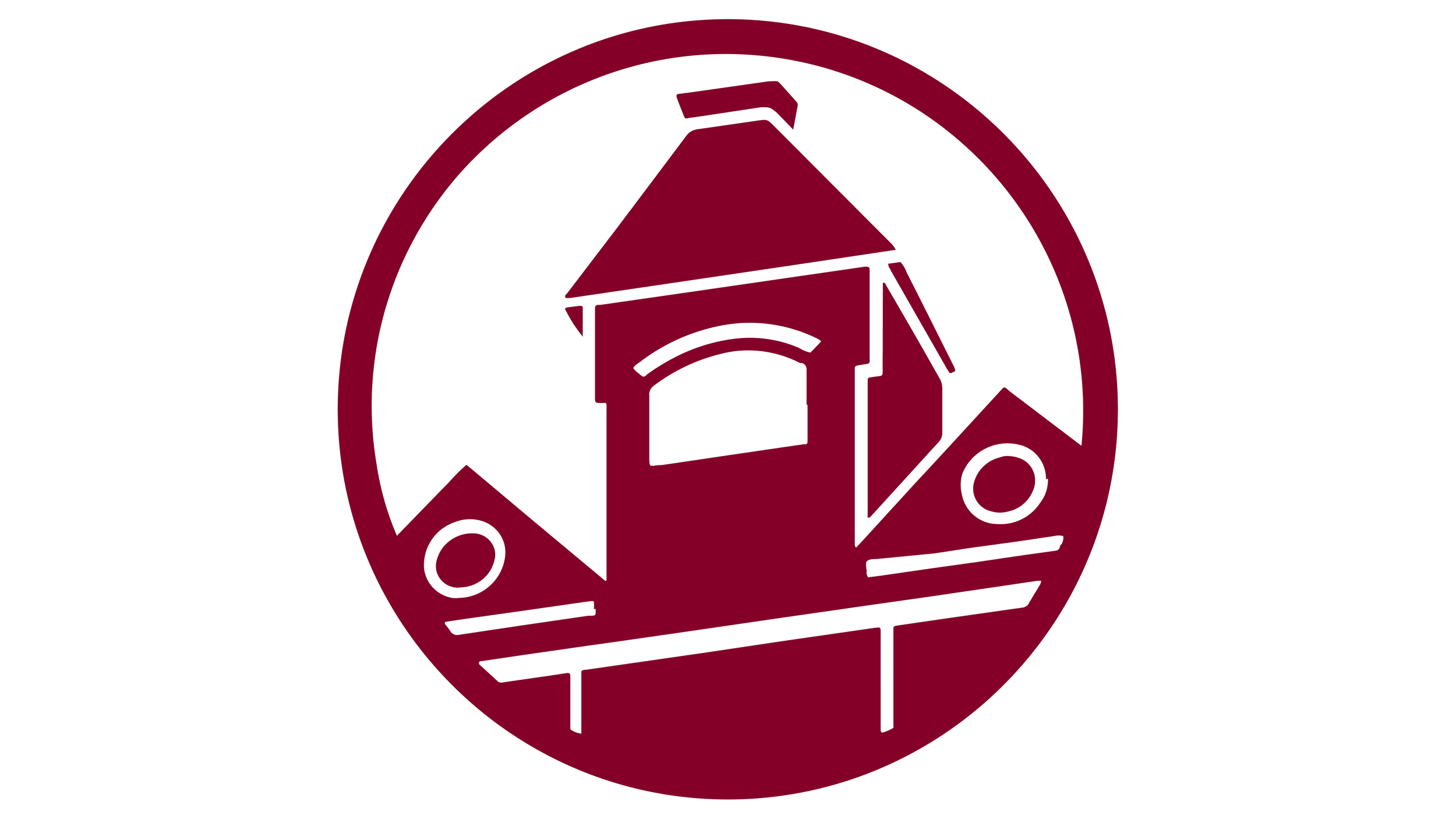A circular logo with a maroon outline of a house and a chimney, enclosed by a circle with two small wheels at the bottom.