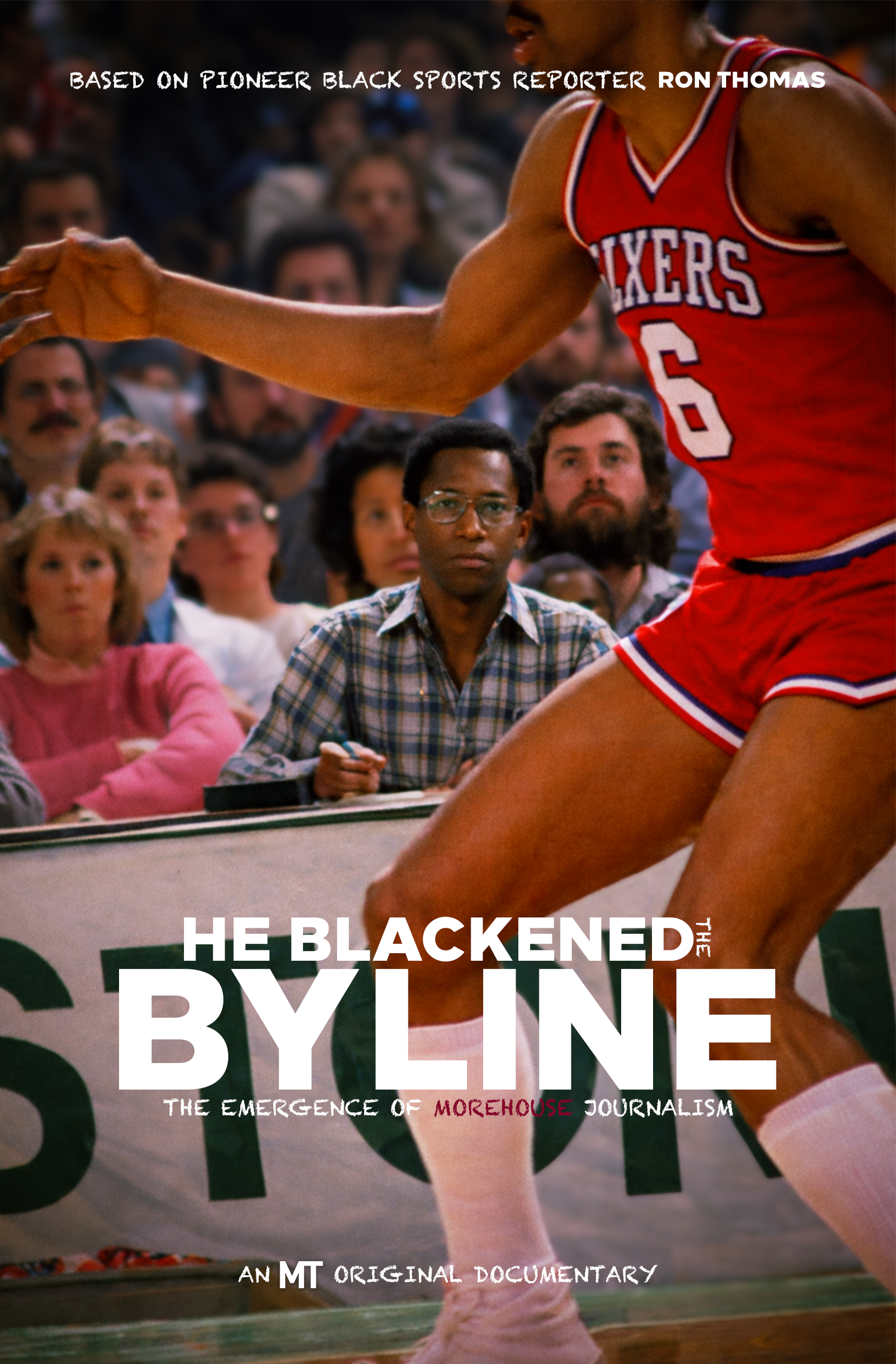 The image shows a person in a red sports jersey with the number 6, extending a hand to another individual. The background features an audience watching the event with some focused on the interaction. The shirt has the word 'Sixers' on it, indicating a basketball team.