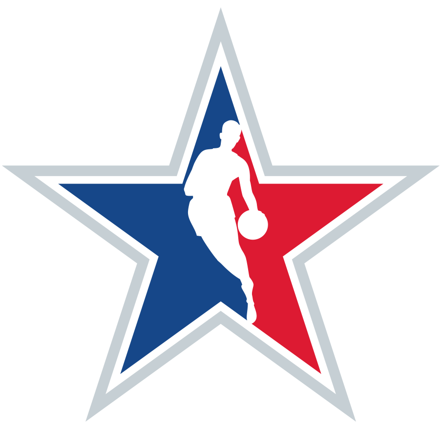 Star with a silhouette of a basketball player holding a ball, divided into blue and red sections, with white and gray borders.